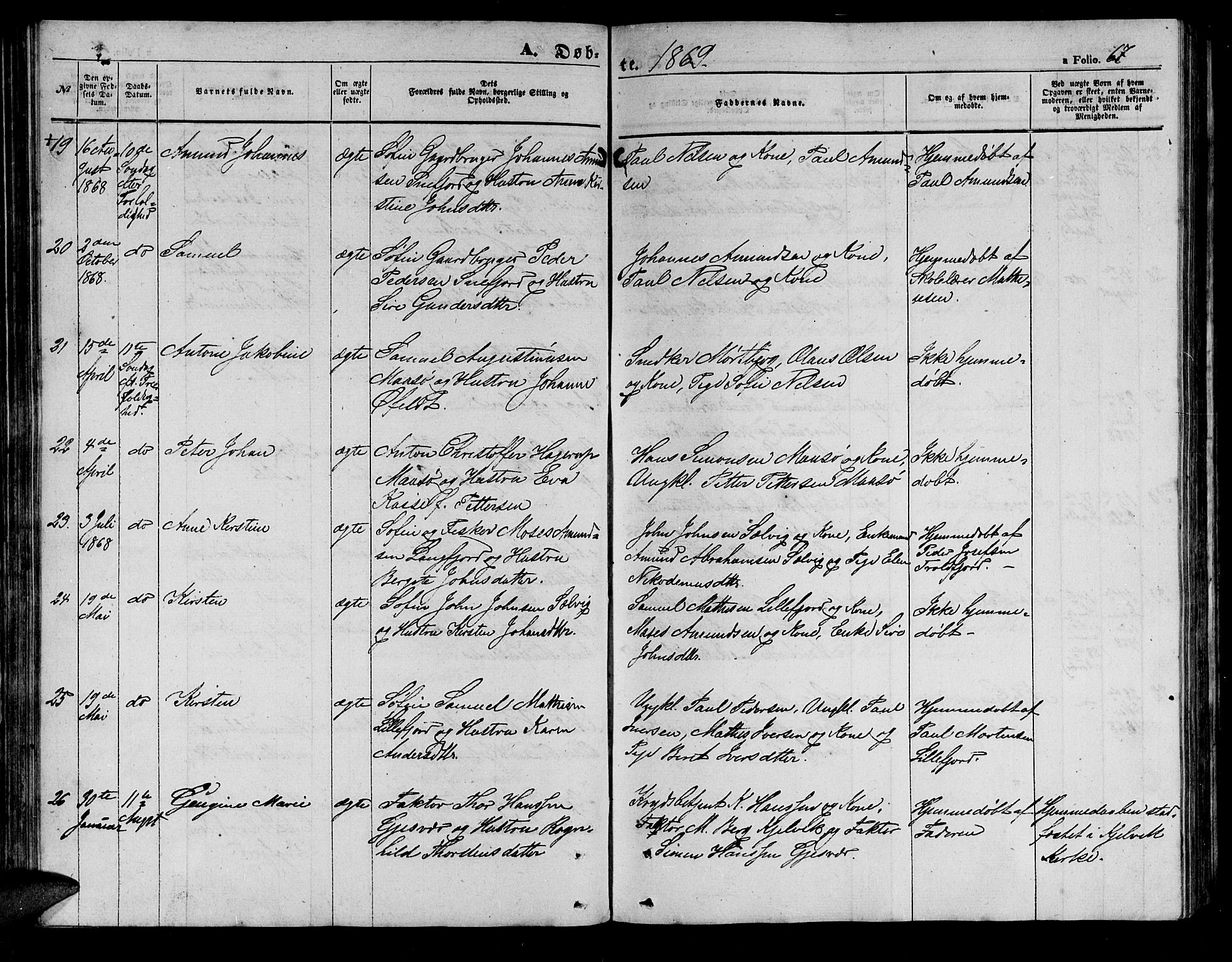 Måsøy sokneprestkontor, AV/SATØ-S-1348/H/Hb/L0001klokker: Parish register (copy) no. 1, 1852-1877, p. 67