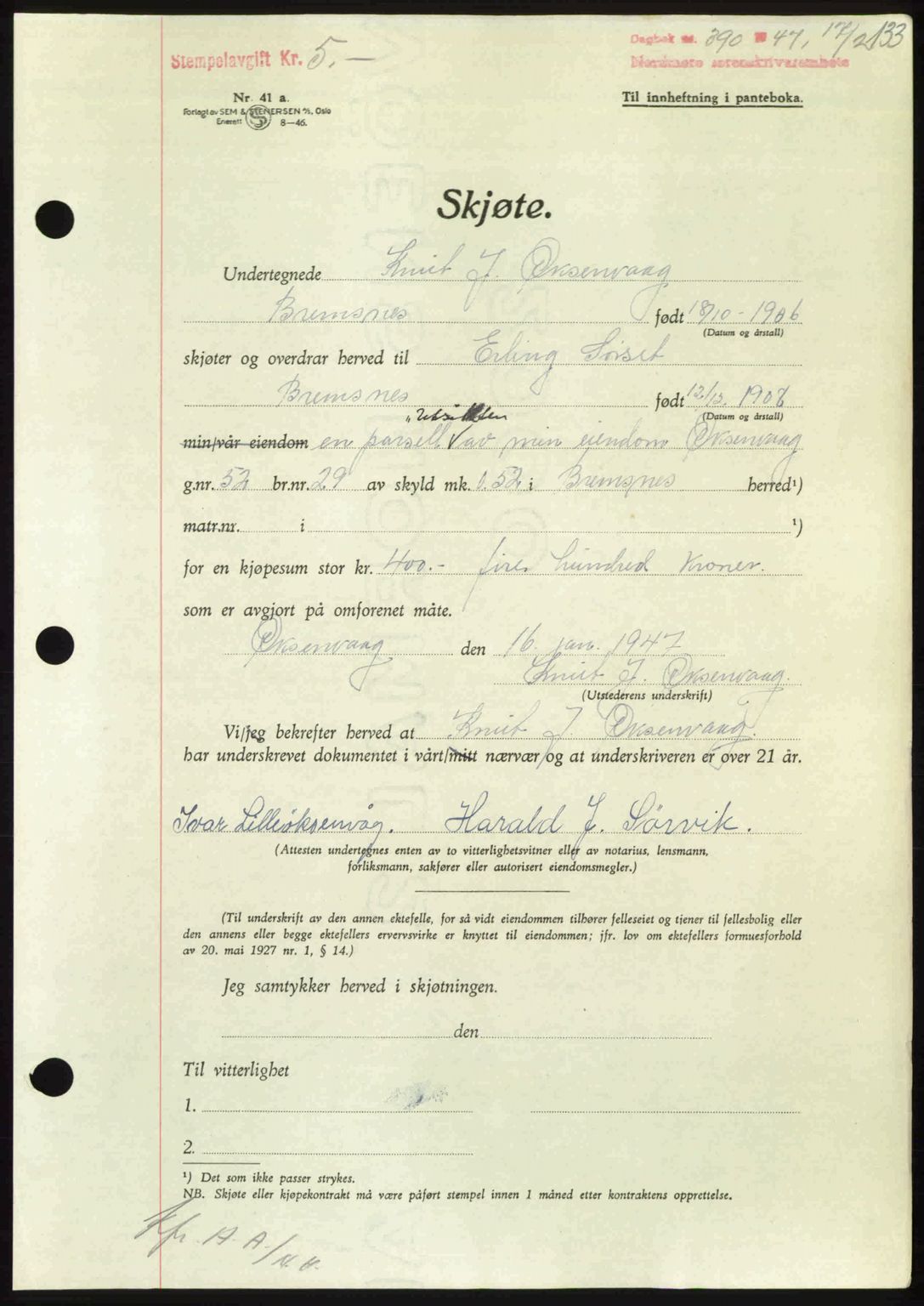 Nordmøre sorenskriveri, AV/SAT-A-4132/1/2/2Ca: Mortgage book no. A104, 1947-1947, Diary no: : 390/1947