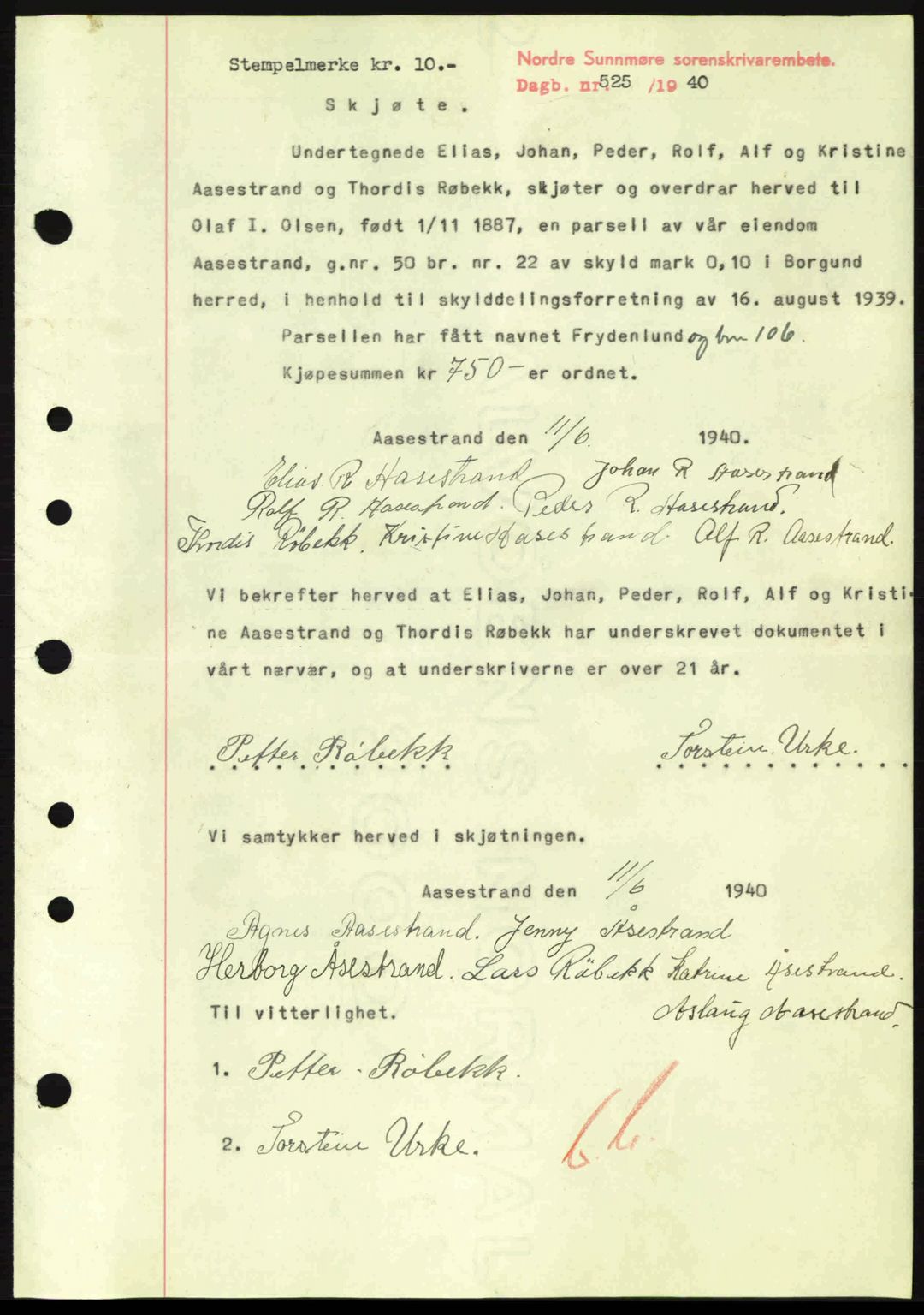 Nordre Sunnmøre sorenskriveri, AV/SAT-A-0006/1/2/2C/2Ca: Mortgage book no. A8, 1939-1940, Diary no: : 525/1940