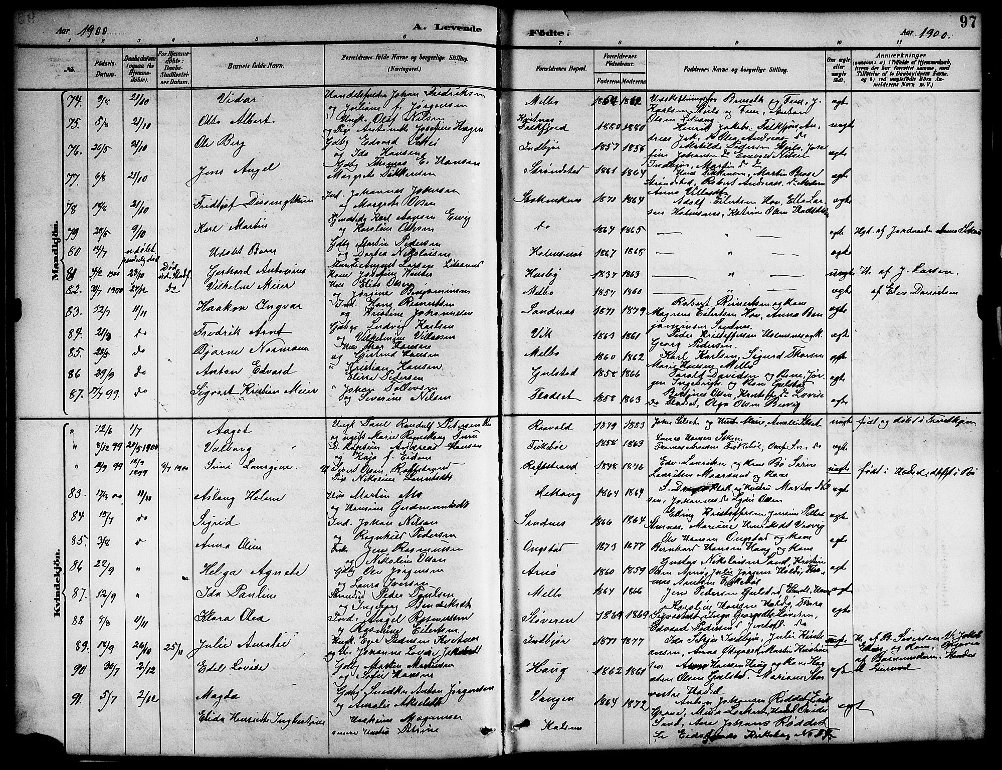 Ministerialprotokoller, klokkerbøker og fødselsregistre - Nordland, SAT/A-1459/888/L1268: Parish register (copy) no. 888C06, 1891-1908, p. 97