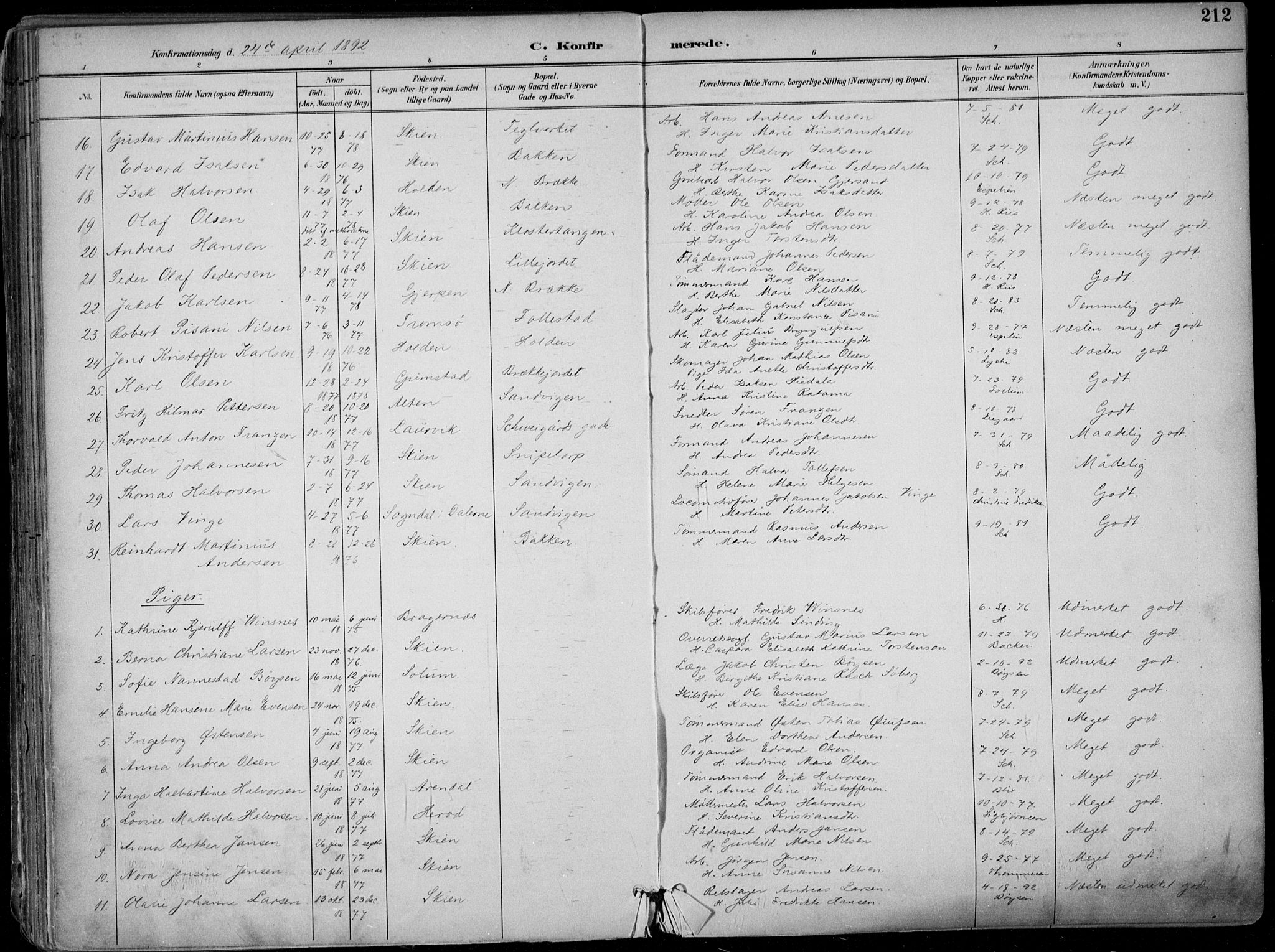 Skien kirkebøker, SAKO/A-302/F/Fa/L0010: Parish register (official) no. 10, 1891-1899, p. 212
