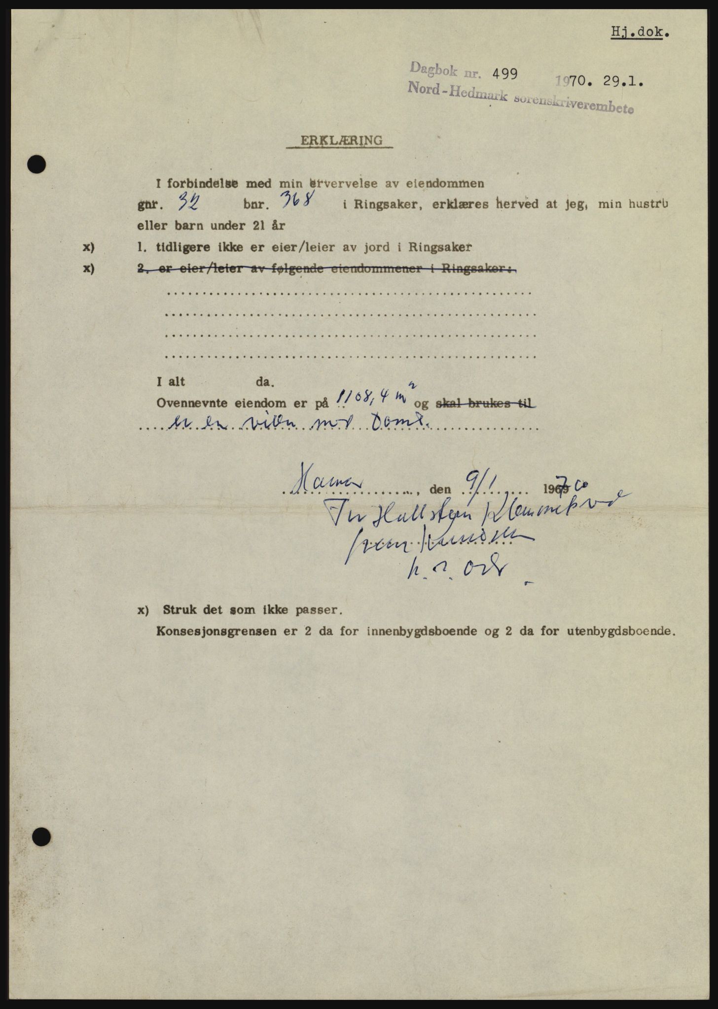Nord-Hedmark sorenskriveri, SAH/TING-012/H/Hc/L0033: Mortgage book no. 33, 1970-1970, Diary no: : 499/1970