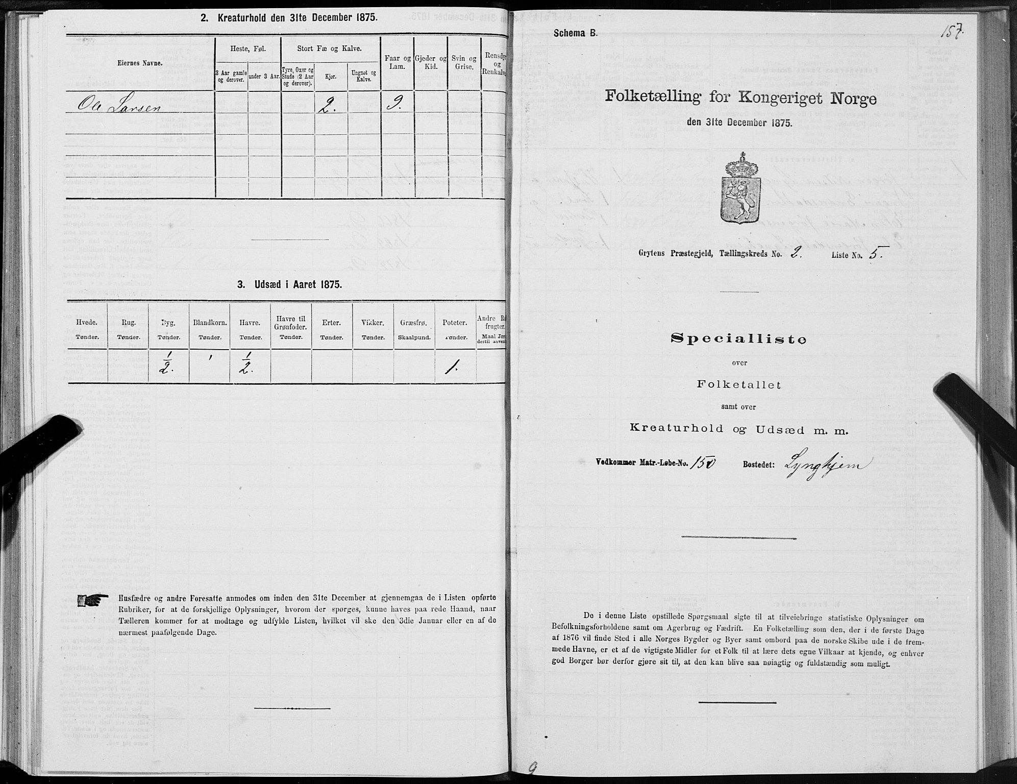 SAT, 1875 census for 1539P Grytten, 1875, p. 1157