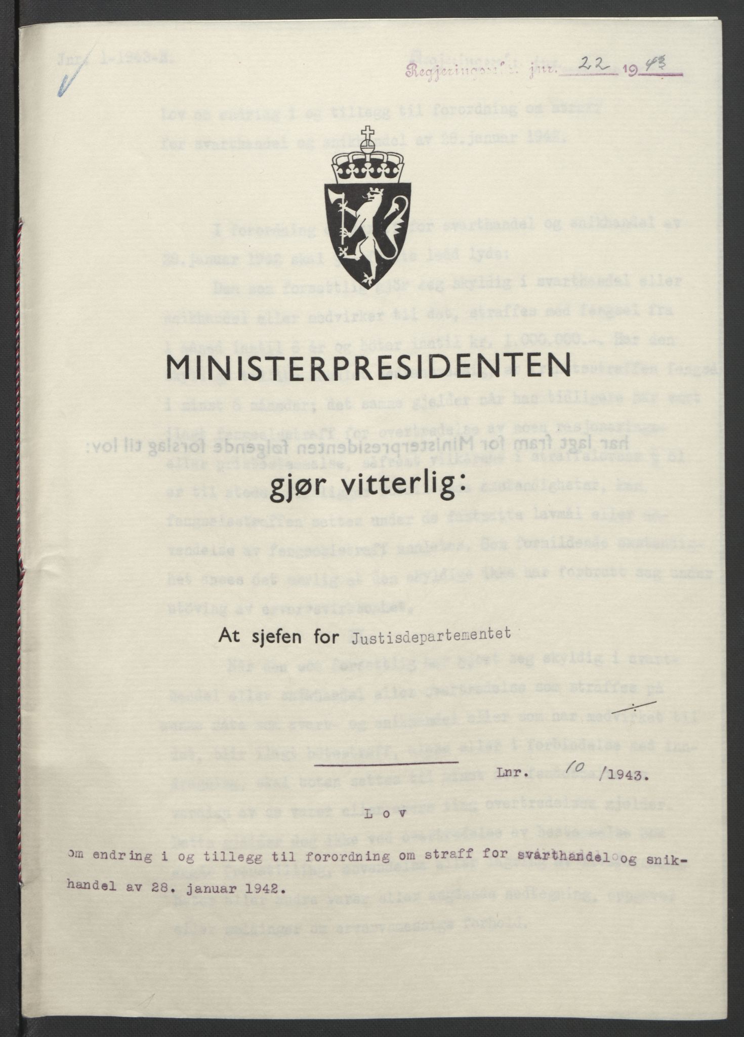 NS-administrasjonen 1940-1945 (Statsrådsekretariatet, de kommisariske statsråder mm), RA/S-4279/D/Db/L0099: Lover, 1943, p. 40