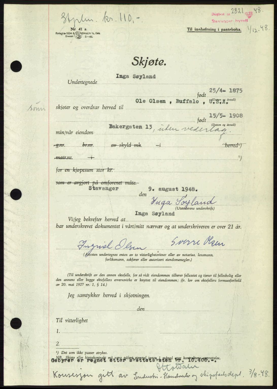 Stavanger byrett, SAST/A-100455/002/G/Gb/L0023: Mortgage book no. A12, 1948-1949, Diary no: : 2821/1948