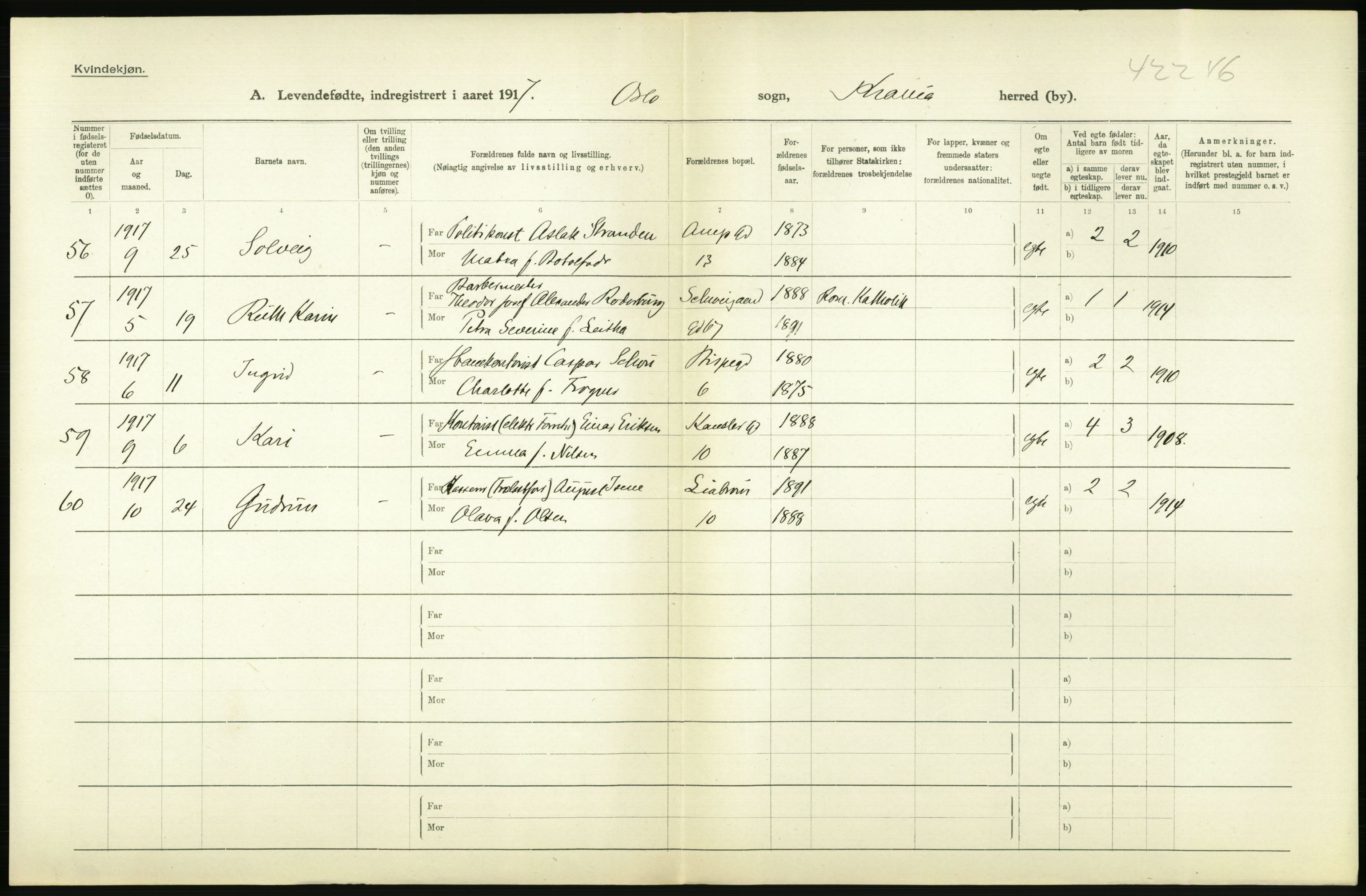 Statistisk sentralbyrå, Sosiodemografiske emner, Befolkning, AV/RA-S-2228/D/Df/Dfb/Dfbg/L0006: Kristiania: Levendefødte menn og kvinner., 1917, p. 580