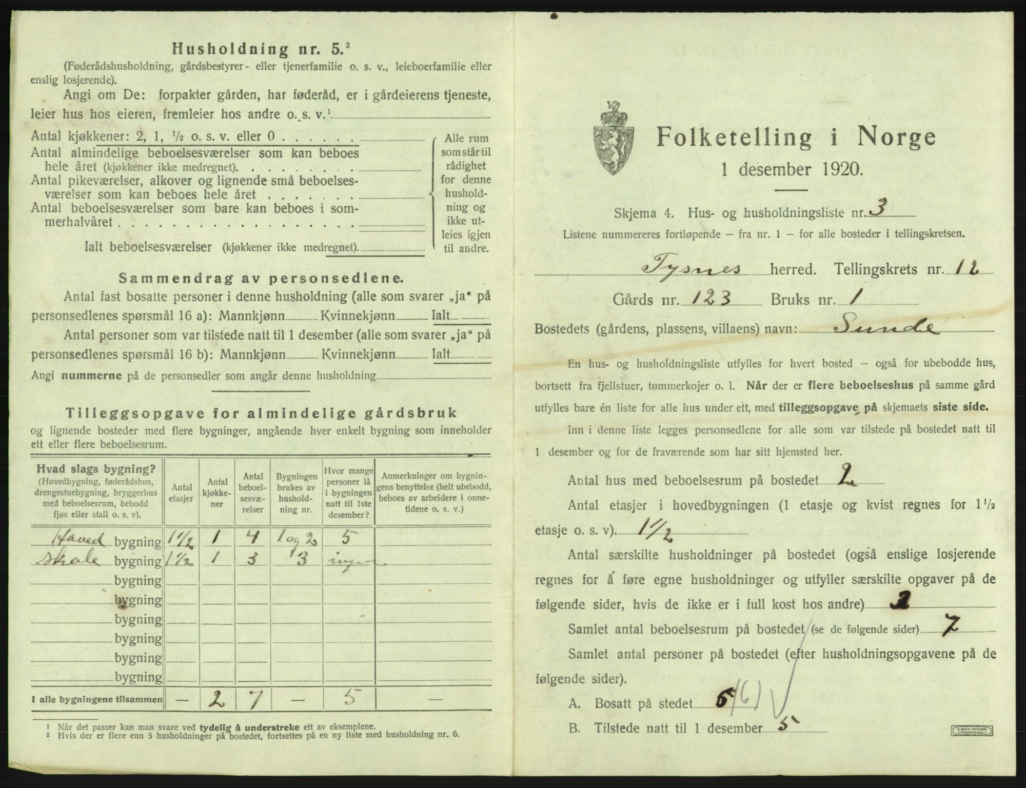 SAB, 1920 census for Tysnes, 1920, p. 1227