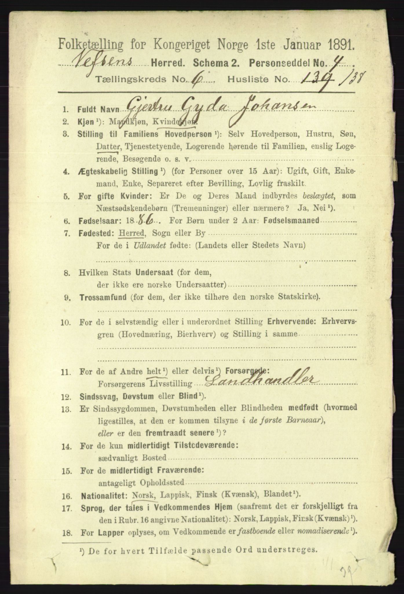 RA, 1891 census for 1824 Vefsn, 1891, p. 3570