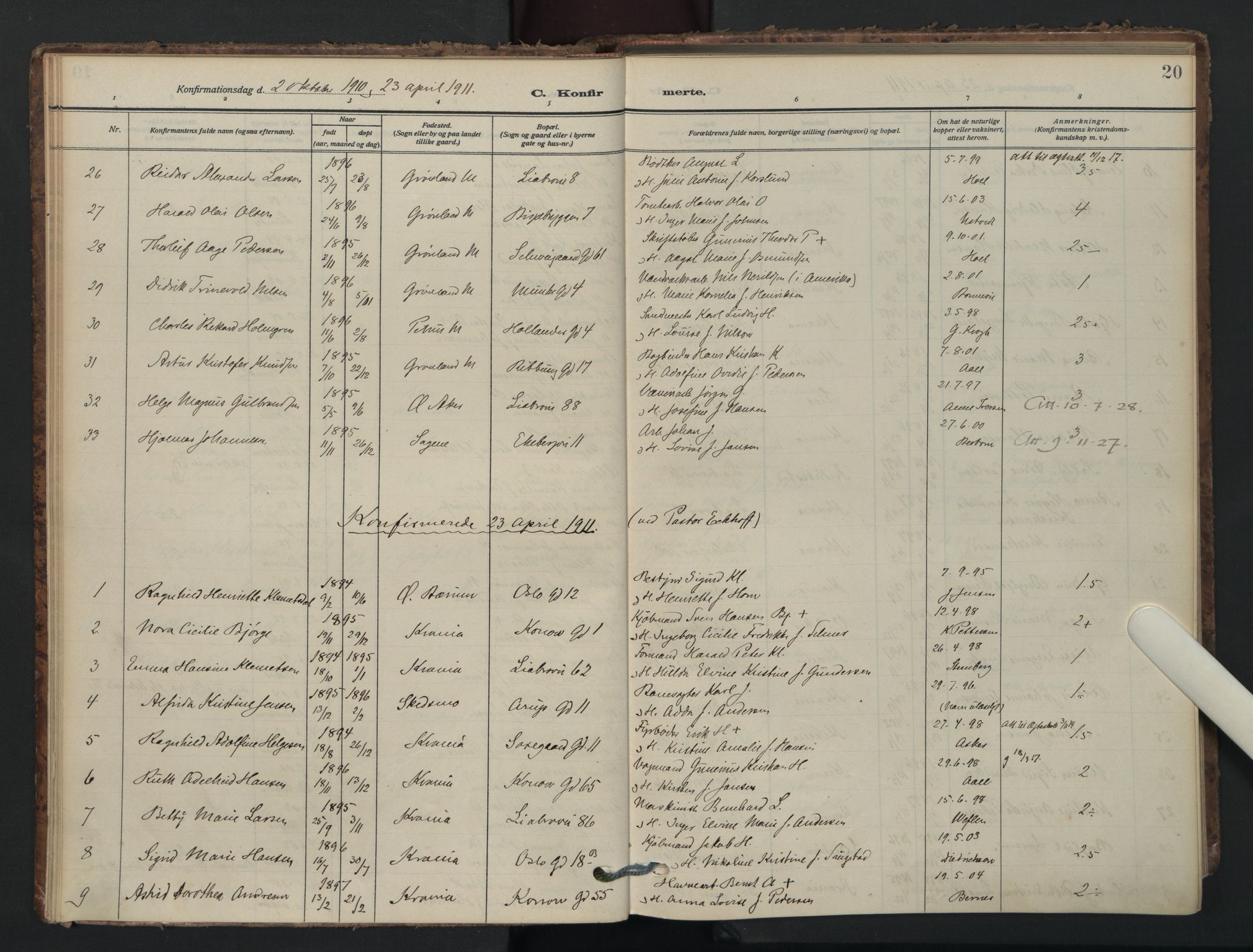 Gamlebyen prestekontor Kirkebøker, AV/SAO-A-10884/F/Fa/L0012: Parish register (official) no. 12, 1908-1941, p. 20