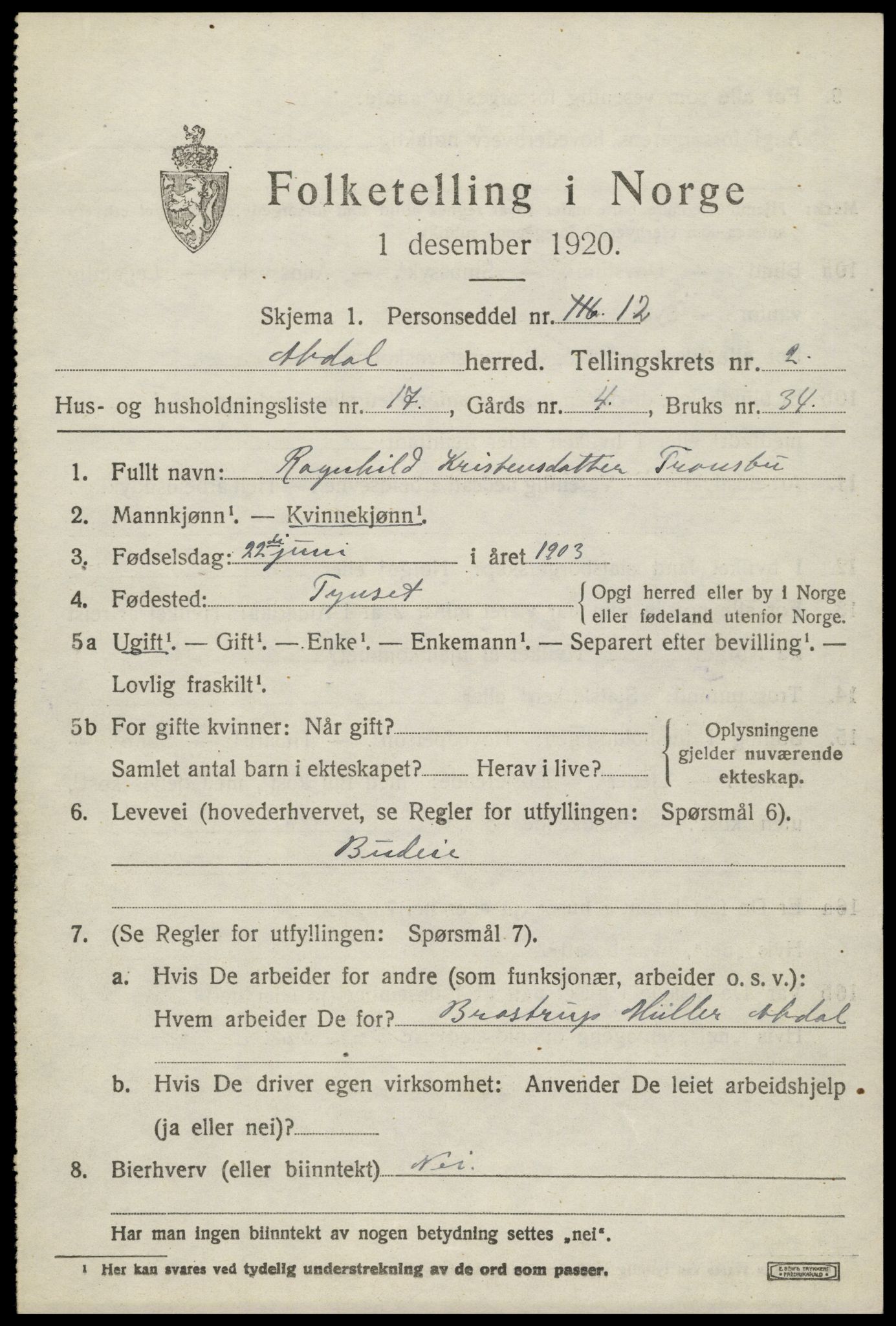 SAH, 1920 census for Alvdal, 1920, p. 1682