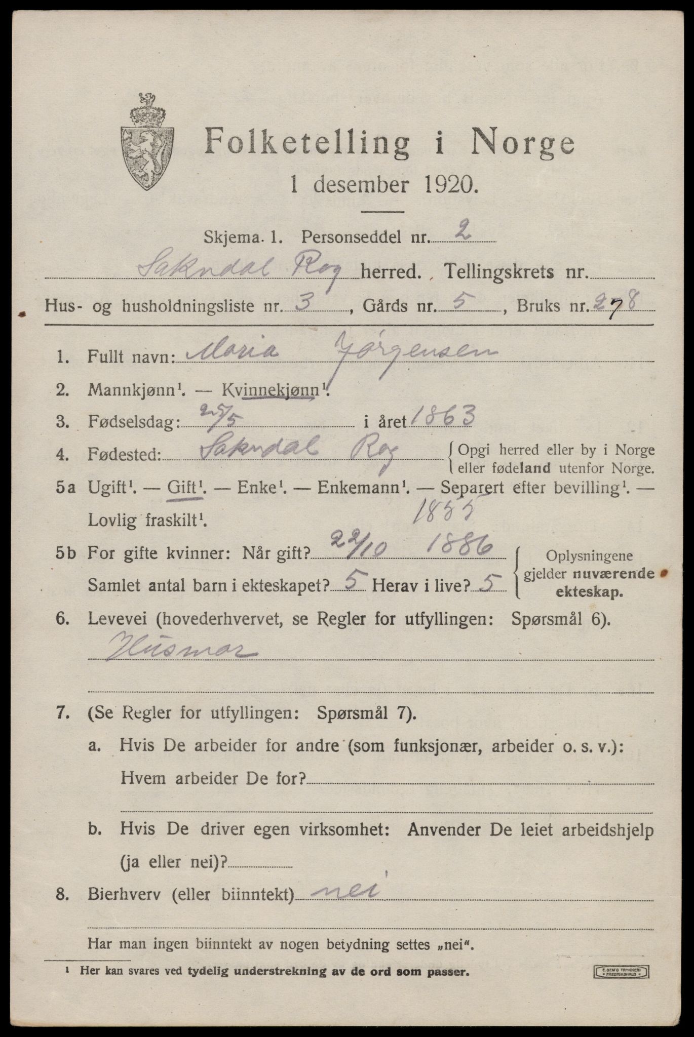 SAST, 1920 census for Sokndal, 1920, p. 1717