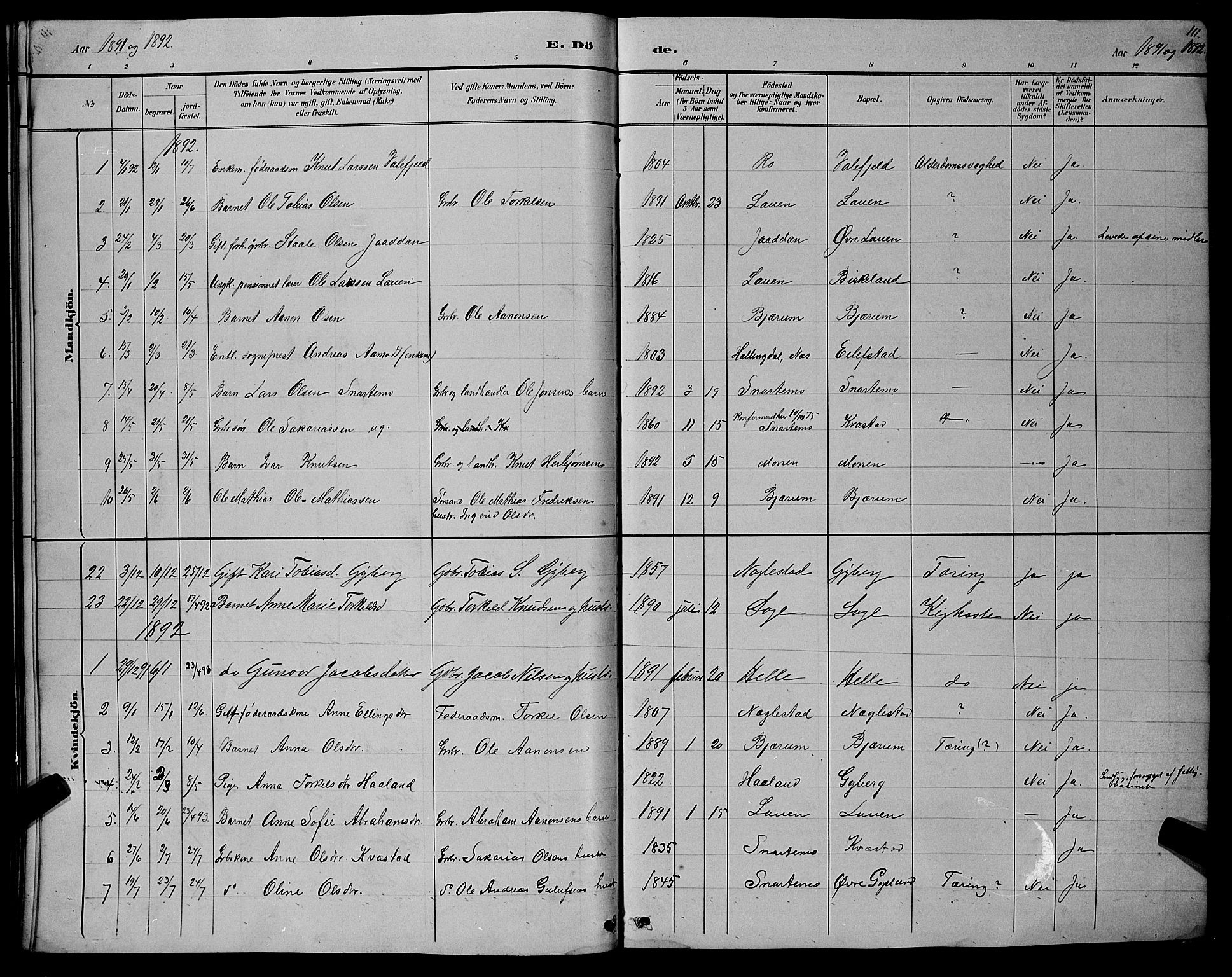 Hægebostad sokneprestkontor, SAK/1111-0024/F/Fb/Fba/L0003: Parish register (copy) no. B 3, 1883-1896, p. 111
