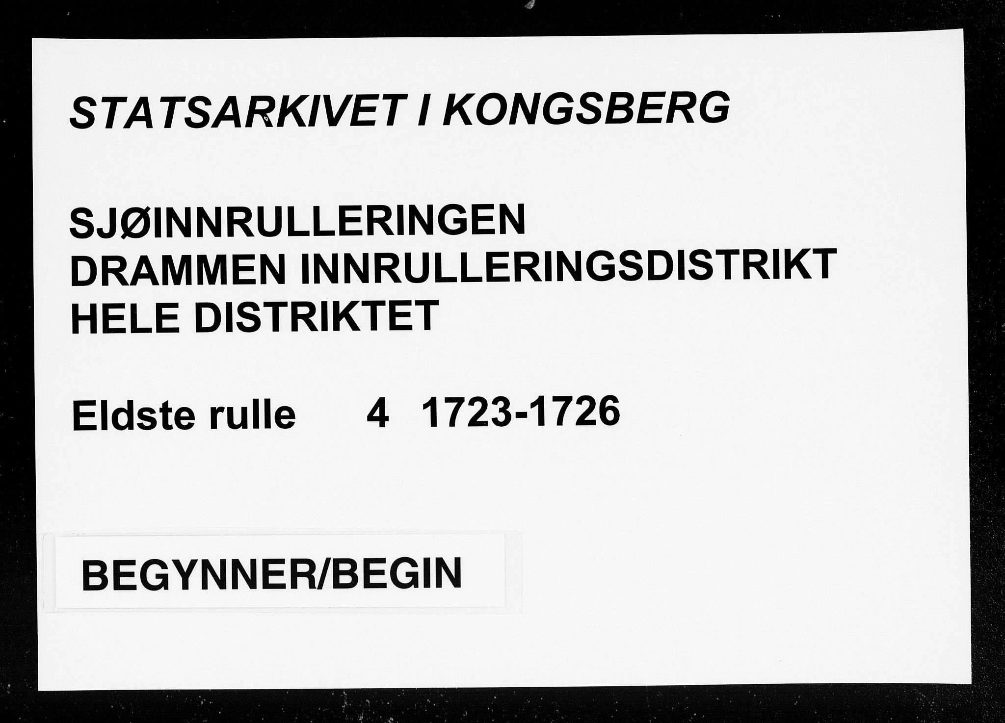 Drammen innrulleringsdistrikt, AV/SAKO-A-781/F/Fa/L0004: Hovedrulle over sjøfolk i Bragernes distrikt som har blitt innrullert, 1723-1726, p. 1