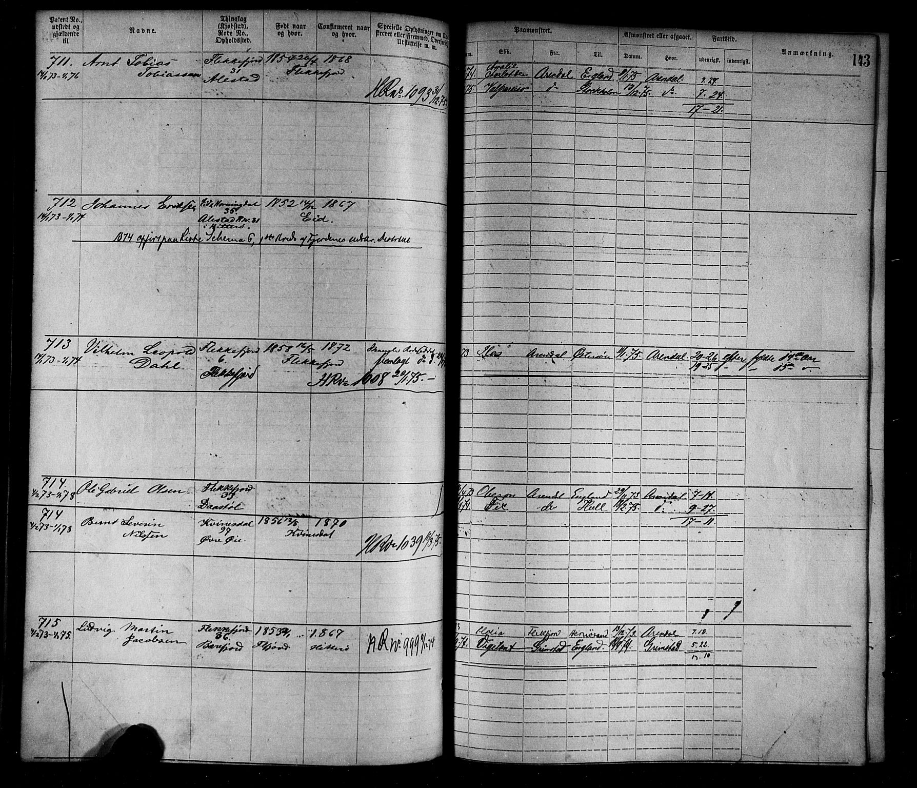 Flekkefjord mønstringskrets, SAK/2031-0018/F/Fa/L0002: Annotasjonsrulle nr 1-1920 med register, N-2, 1870-1891, p. 167