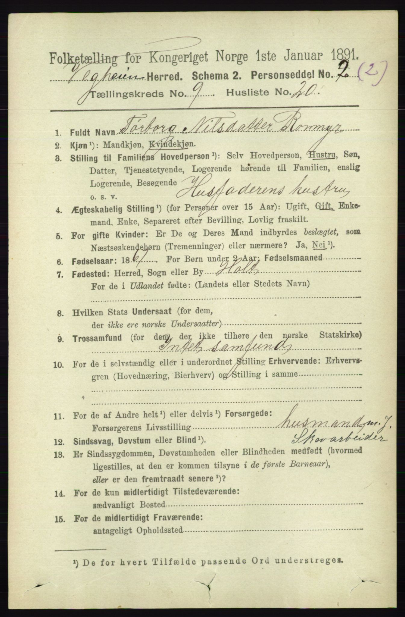 RA, 1891 census for 0912 Vegårshei, 1891, p. 1872