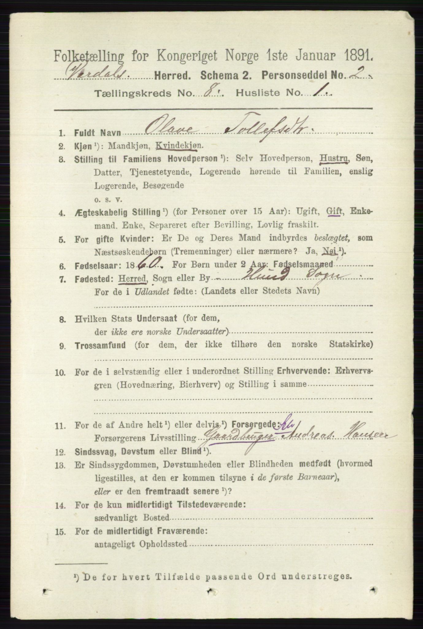 RA, 1891 census for 0527 Vardal, 1891, p. 3691