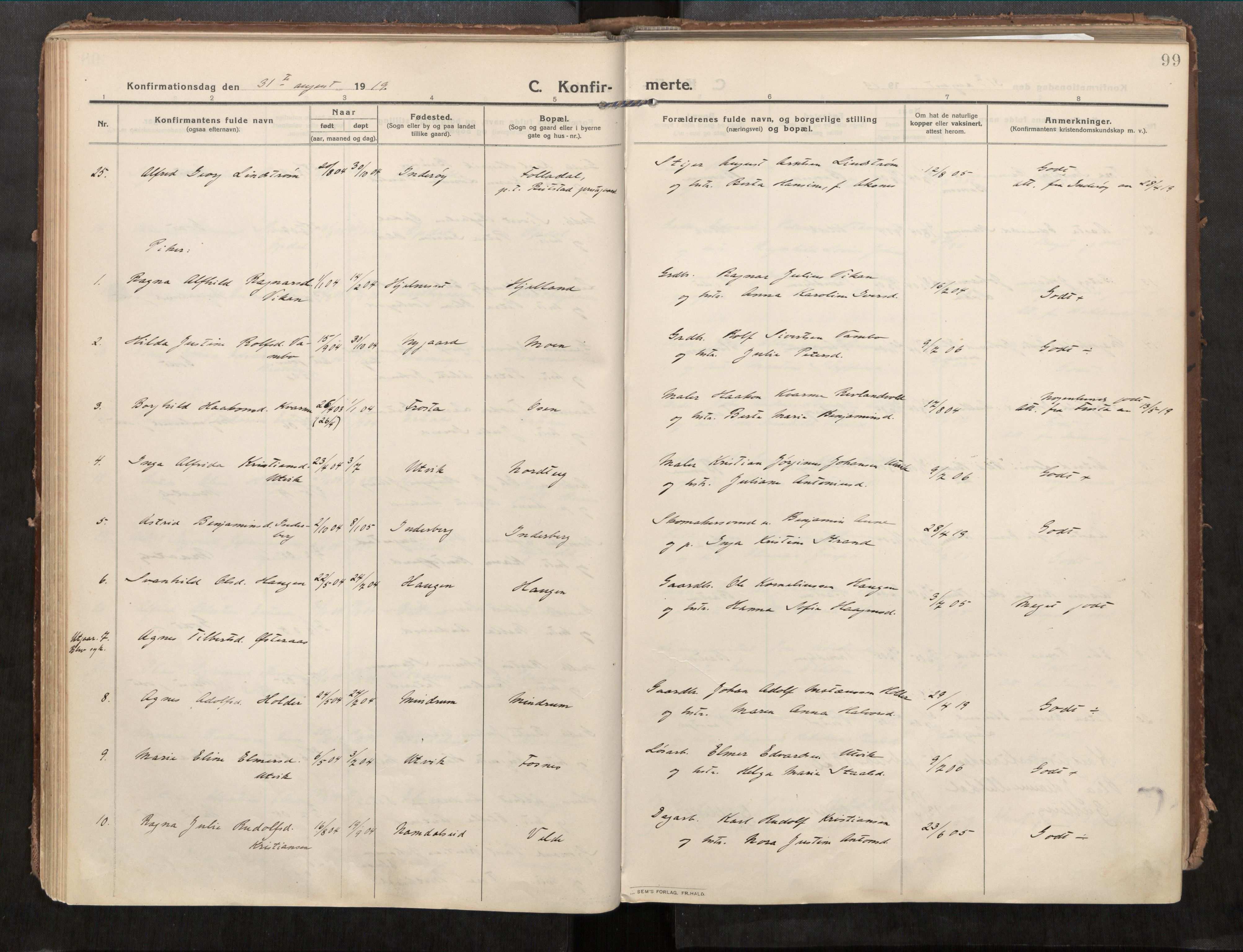 Beitstad sokneprestkontor, AV/SAT-A-1162/I/I1/I1a/L0001: Parish register (official) no. 1, 1912-1927, p. 99