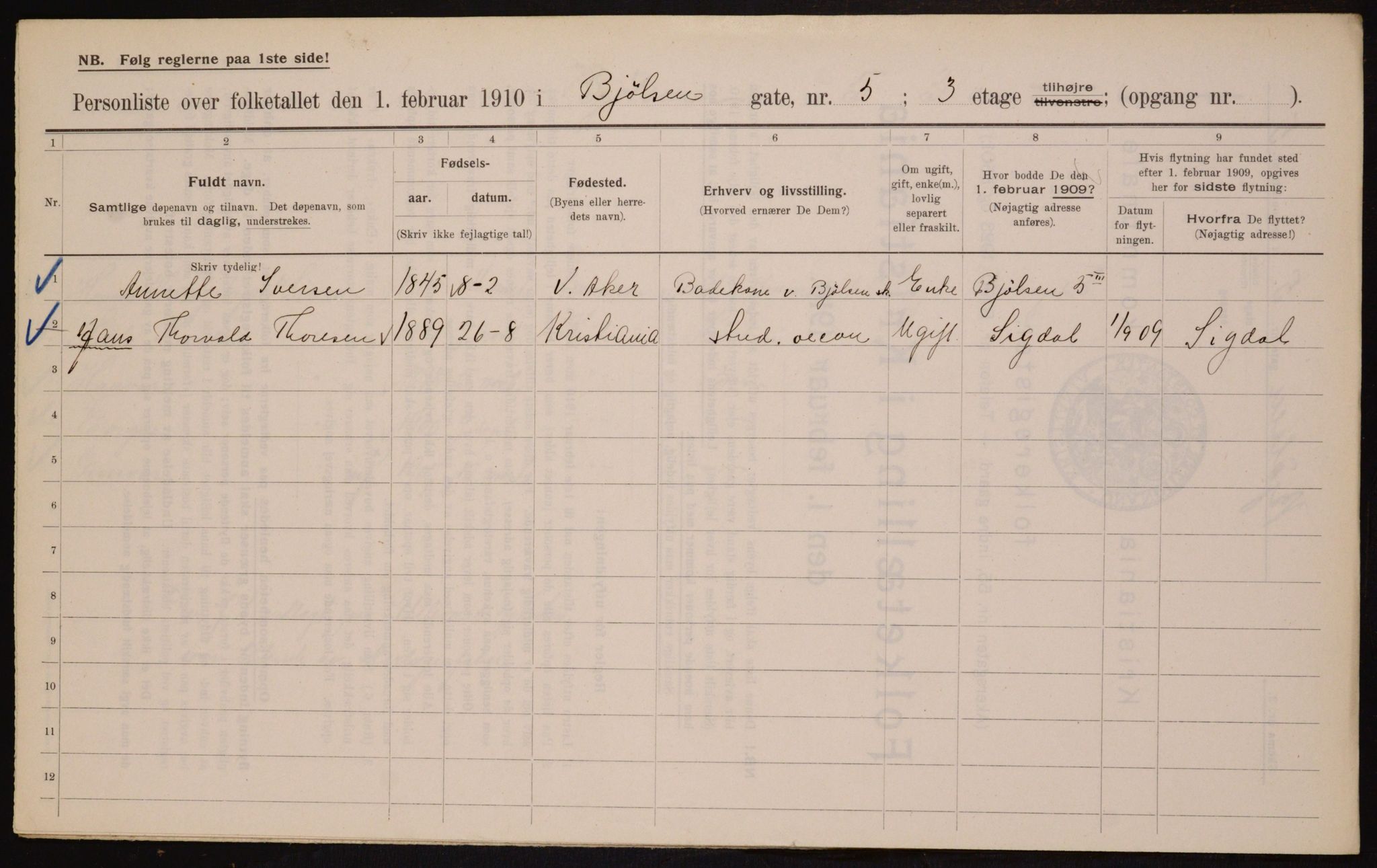 OBA, Municipal Census 1910 for Kristiania, 1910, p. 6253