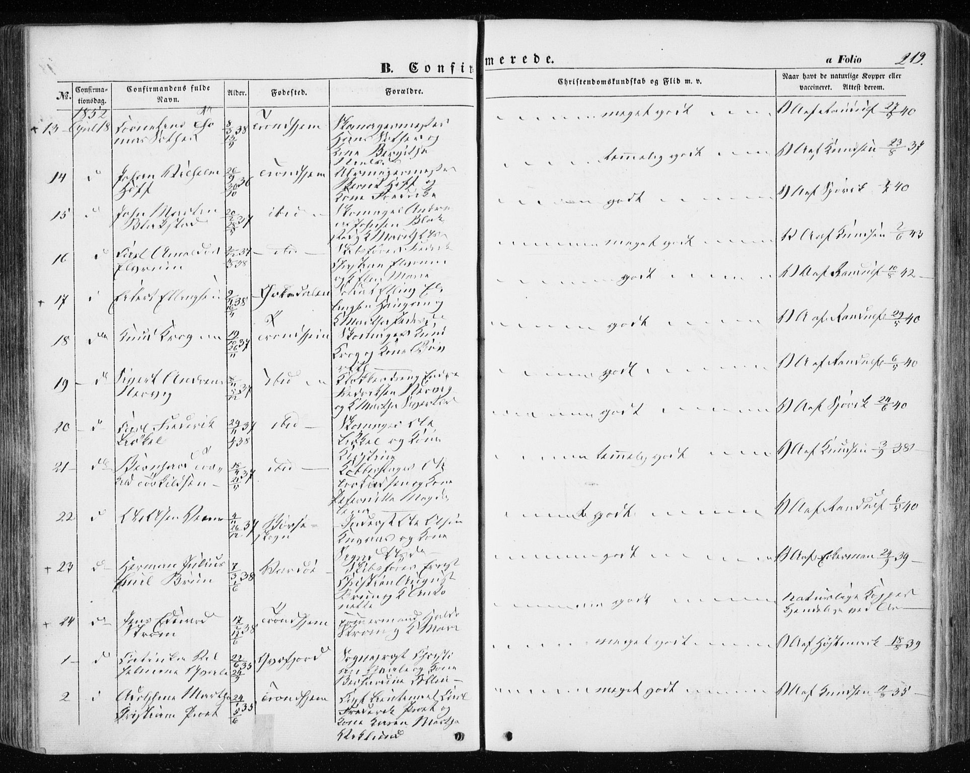 Ministerialprotokoller, klokkerbøker og fødselsregistre - Sør-Trøndelag, SAT/A-1456/601/L0051: Parish register (official) no. 601A19, 1848-1857, p. 219