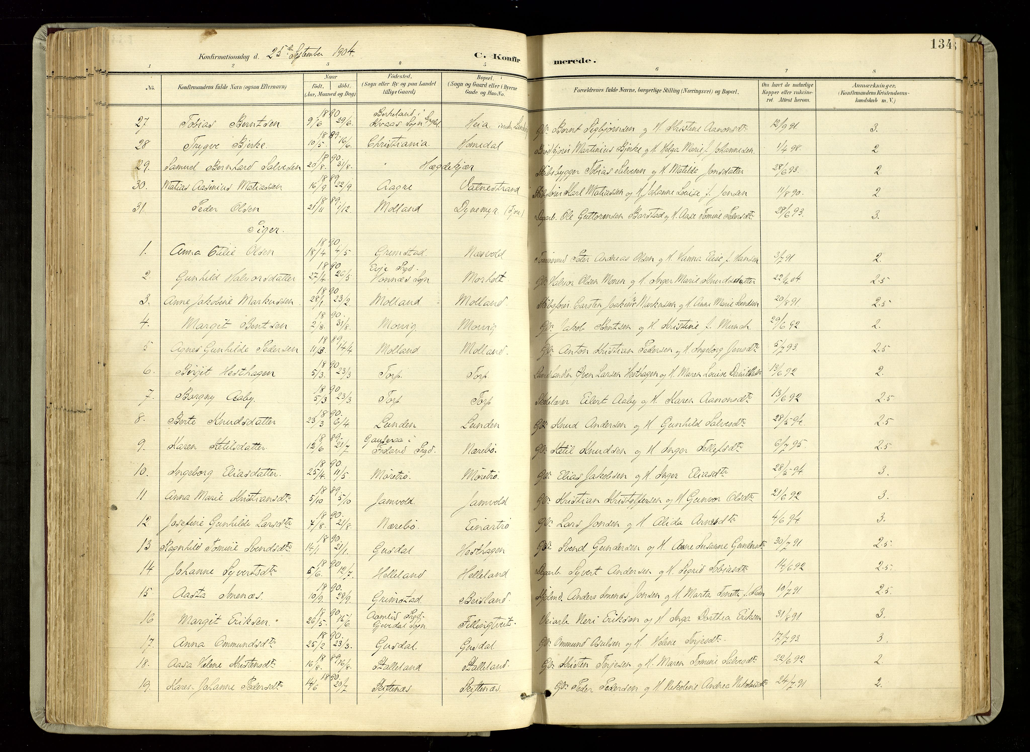 Hommedal sokneprestkontor, SAK/1111-0023/F/Fa/Fab/L0007: Parish register (official) no. A 7, 1898-1924, p. 134