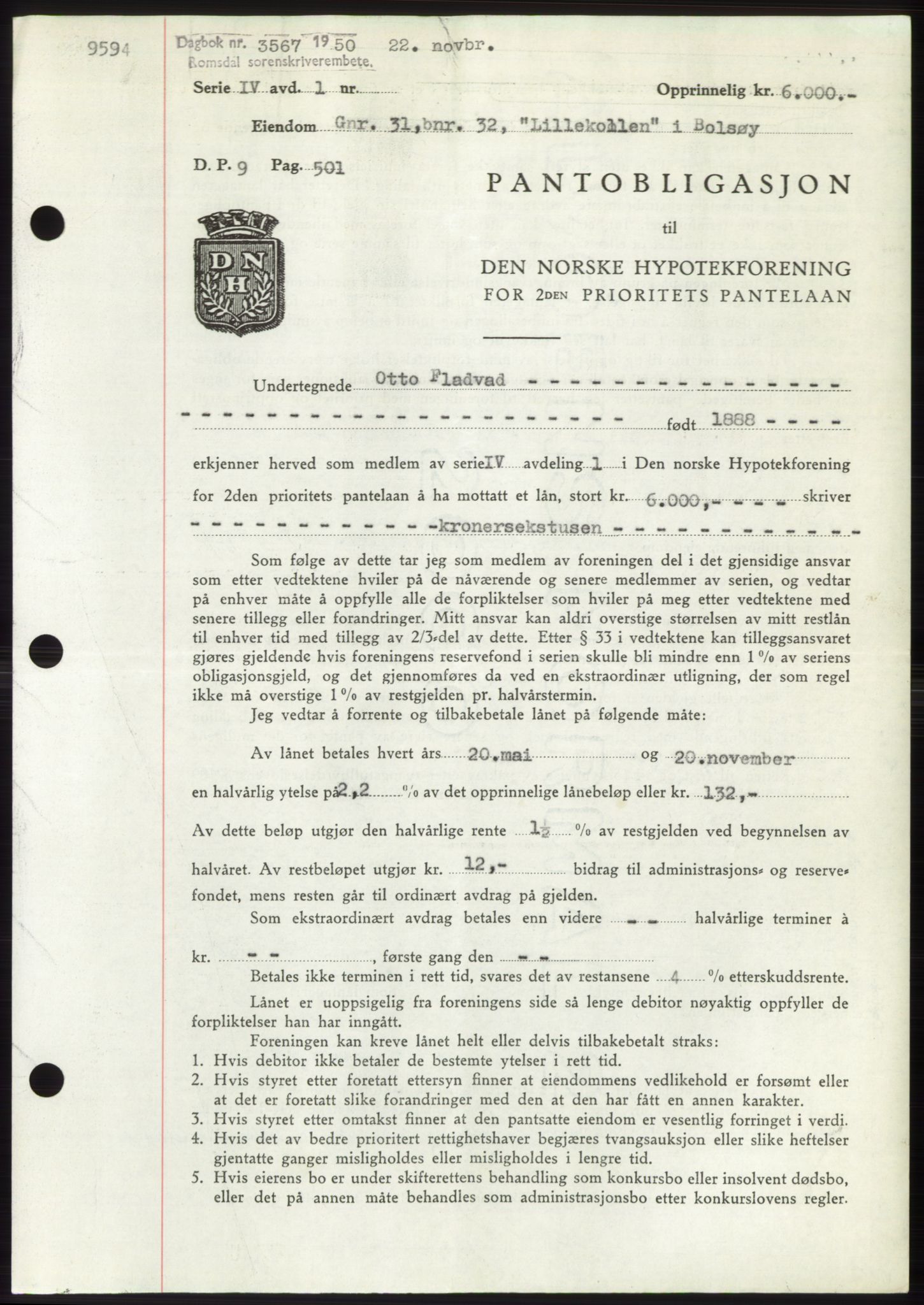 Romsdal sorenskriveri, AV/SAT-A-4149/1/2/2C: Mortgage book no. B5, 1949-1950, Diary no: : 3567/1950