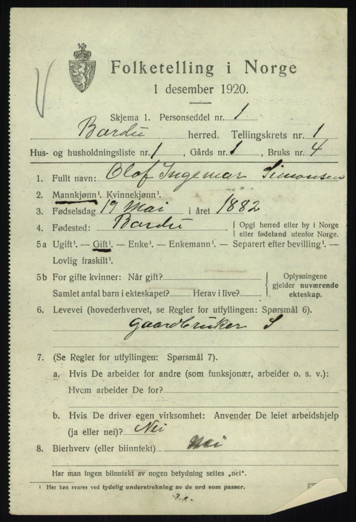 SATØ, 1920 census for Bardu, 1920, p. 627