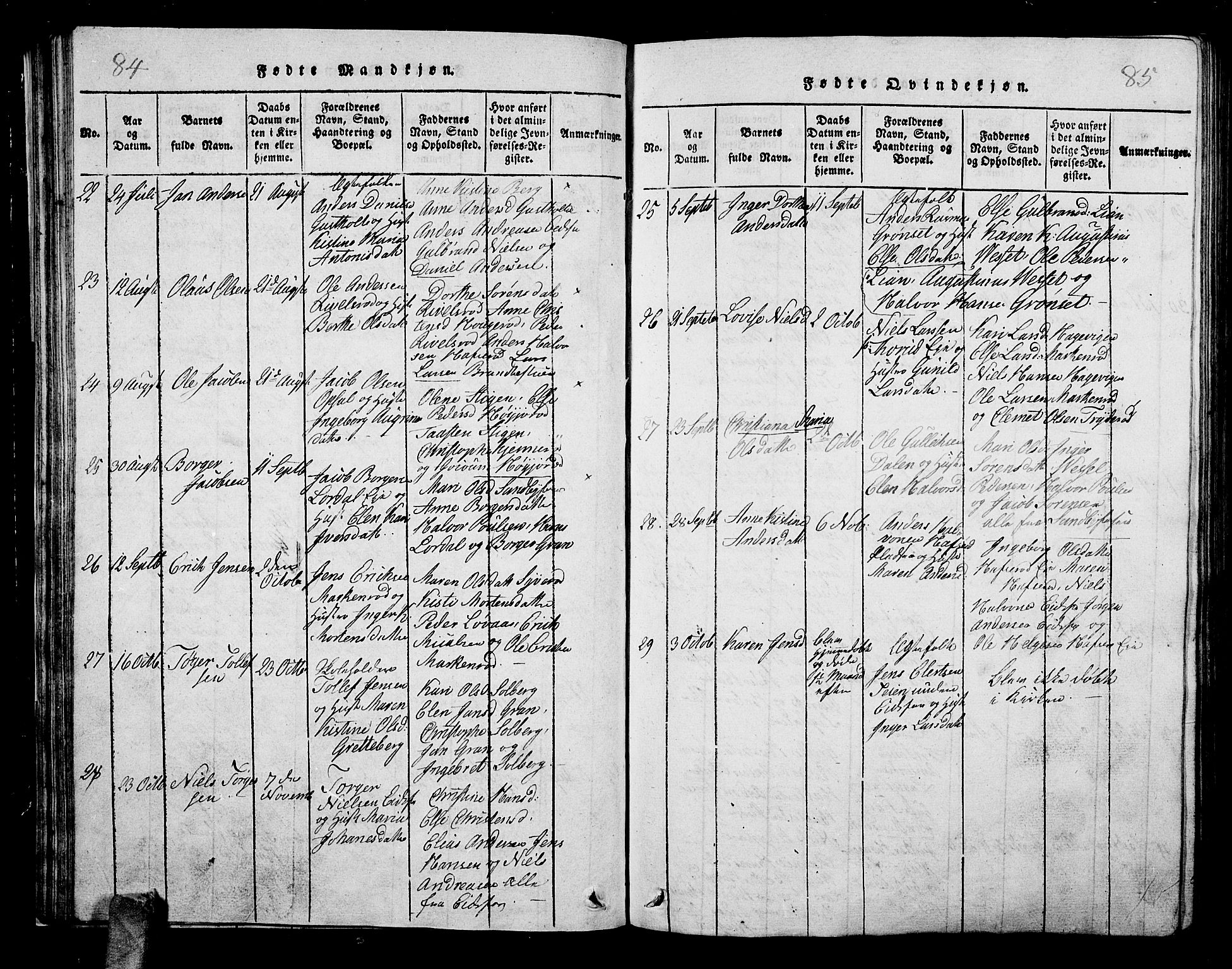 Hof kirkebøker, AV/SAKO-A-64/G/Ga/L0001: Parish register (copy) no. I 1, 1814-1844, p. 84-85