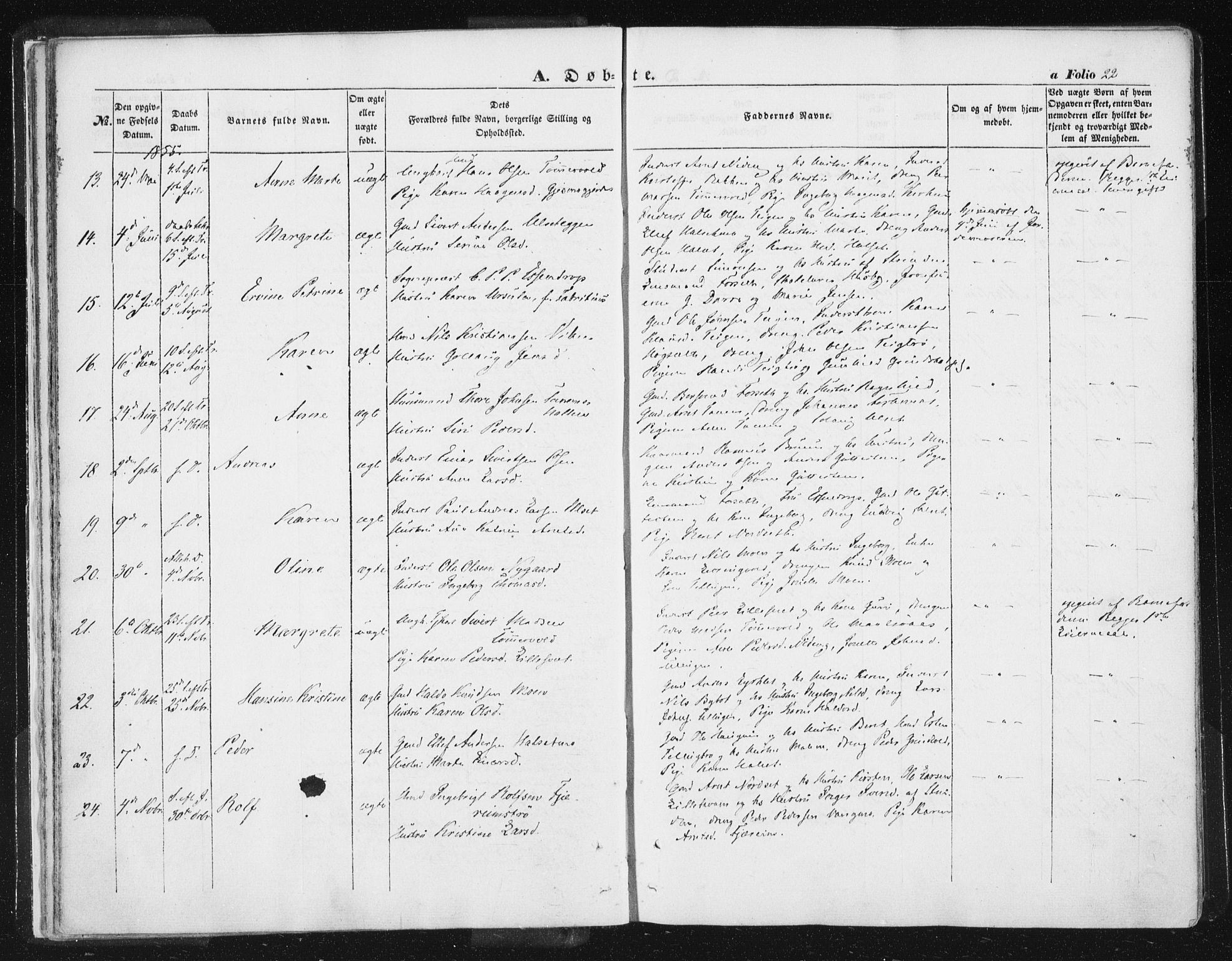 Ministerialprotokoller, klokkerbøker og fødselsregistre - Sør-Trøndelag, SAT/A-1456/618/L0441: Parish register (official) no. 618A05, 1843-1862, p. 22