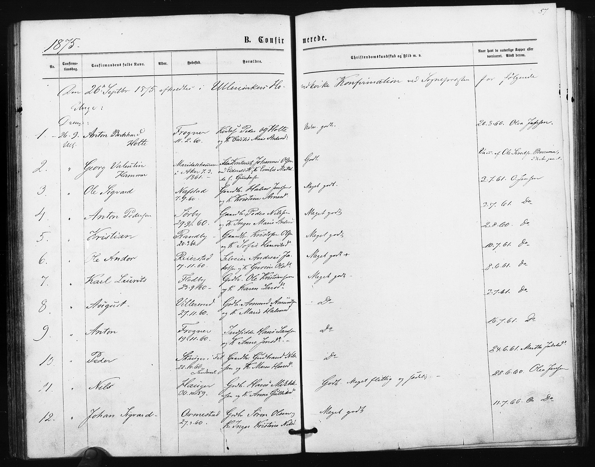 Ullensaker prestekontor Kirkebøker, AV/SAO-A-10236a/F/Fa/L0017: Parish register (official) no. I 17, 1871-1875, p. 57