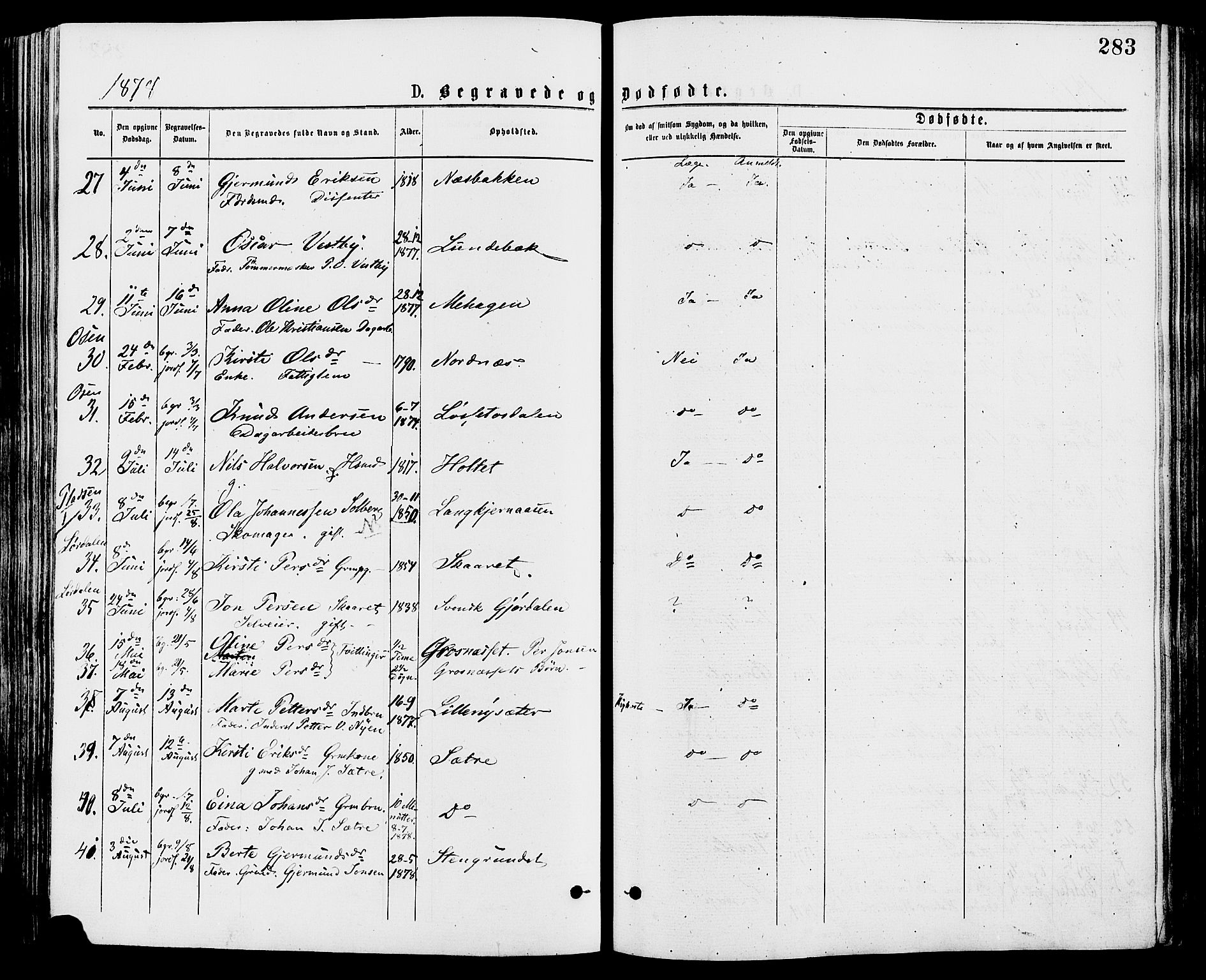 Trysil prestekontor, AV/SAH-PREST-046/H/Ha/Haa/L0007: Parish register (official) no. 7, 1874-1880, p. 283