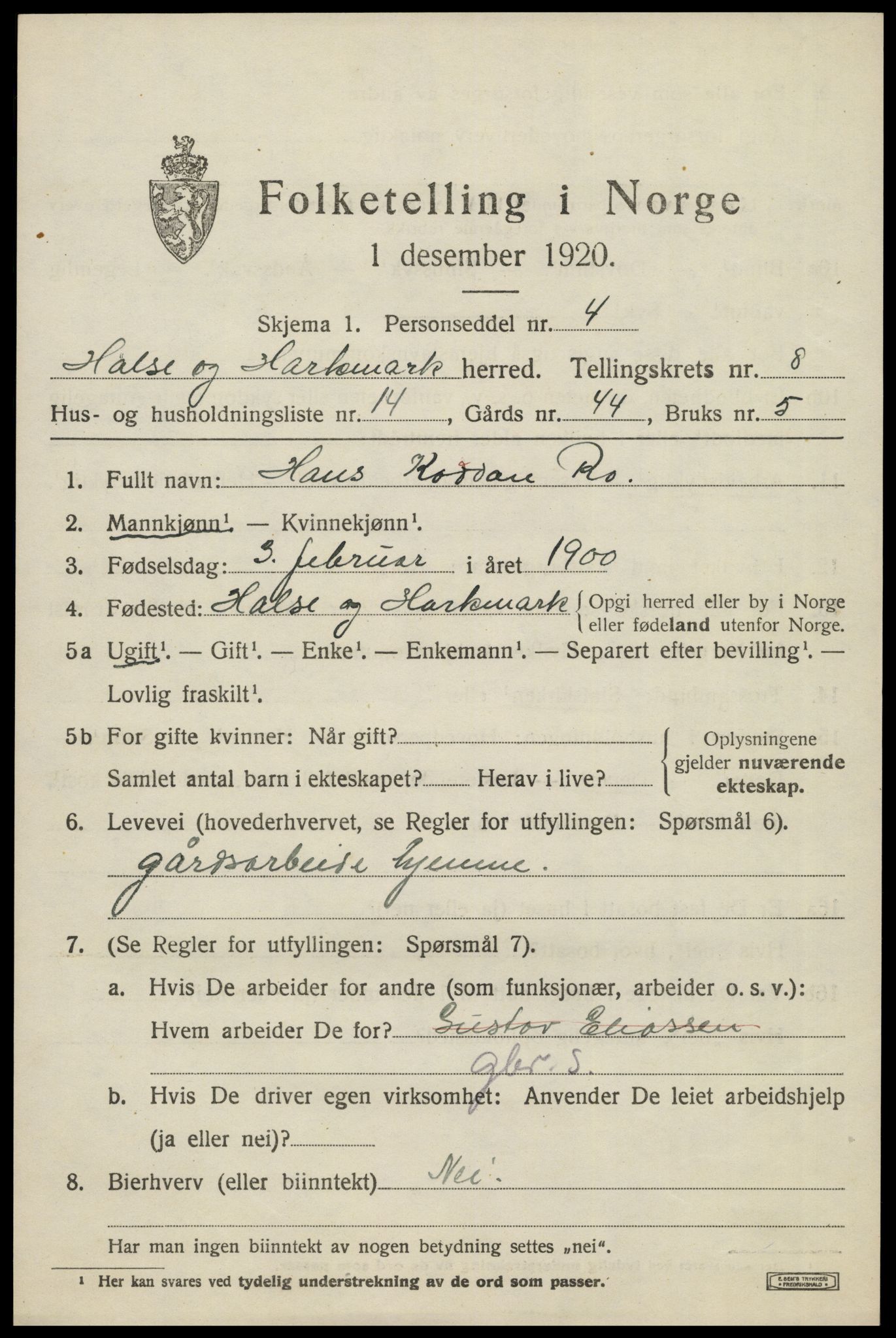 SAK, 1920 census for Halse og Harkmark, 1920, p. 4449