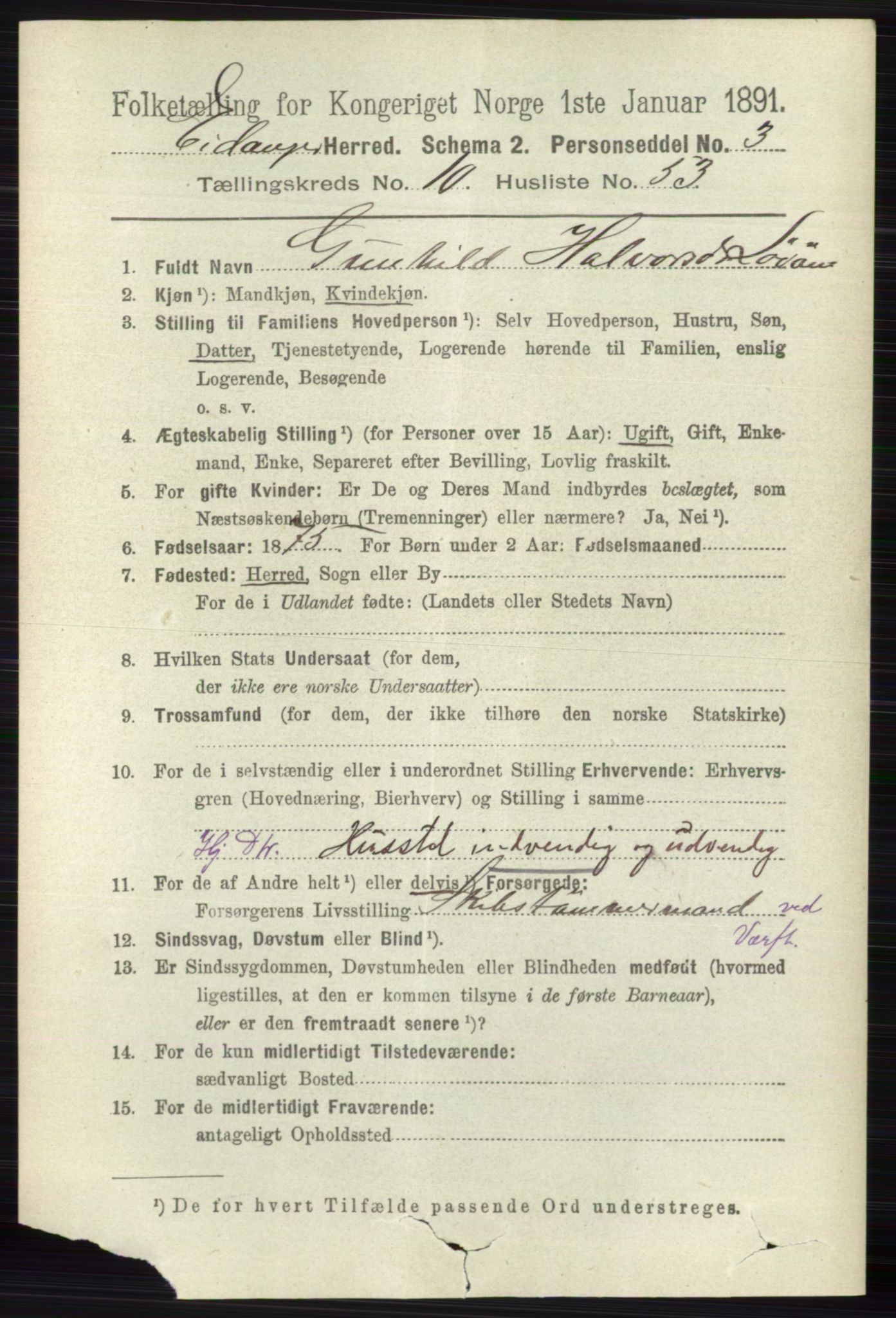 RA, 1891 census for 0813 Eidanger, 1891, p. 4201