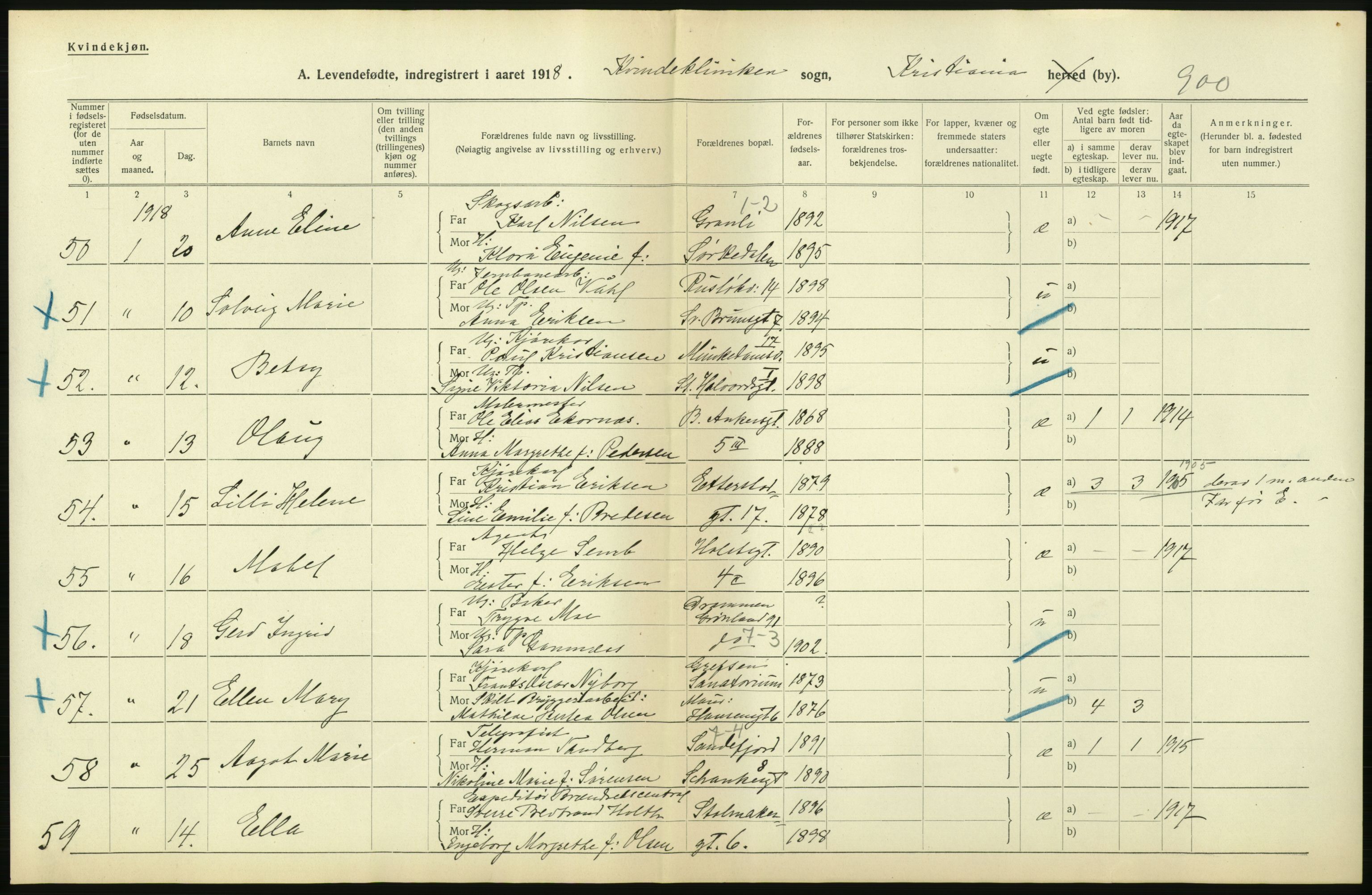 Statistisk sentralbyrå, Sosiodemografiske emner, Befolkning, AV/RA-S-2228/D/Df/Dfb/Dfbh/L0007: Kristiania: Levendefødte menn og kvinner., 1918, p. 30