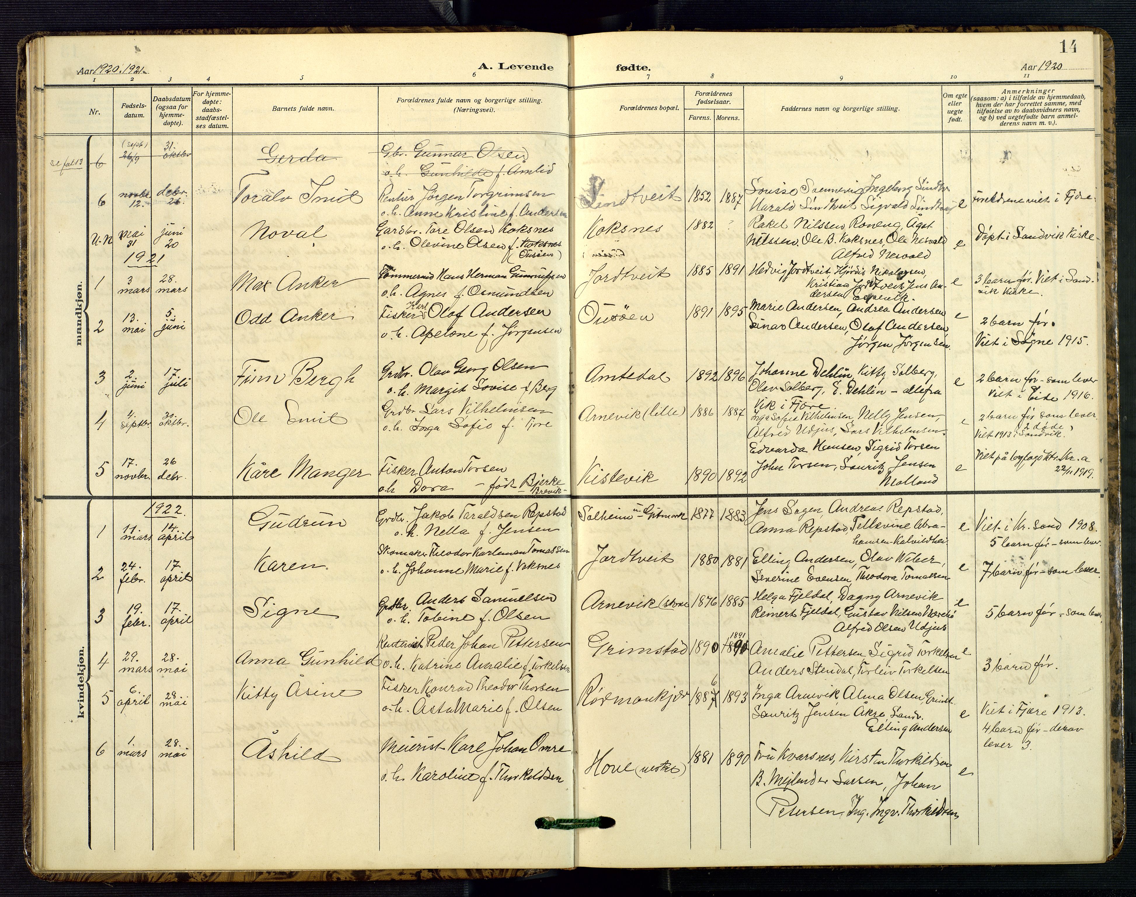 Hommedal sokneprestkontor, SAK/1111-0023/F/Fb/Fba/L0005: Parish register (copy) no. B 5, 1909-1957, p. 14