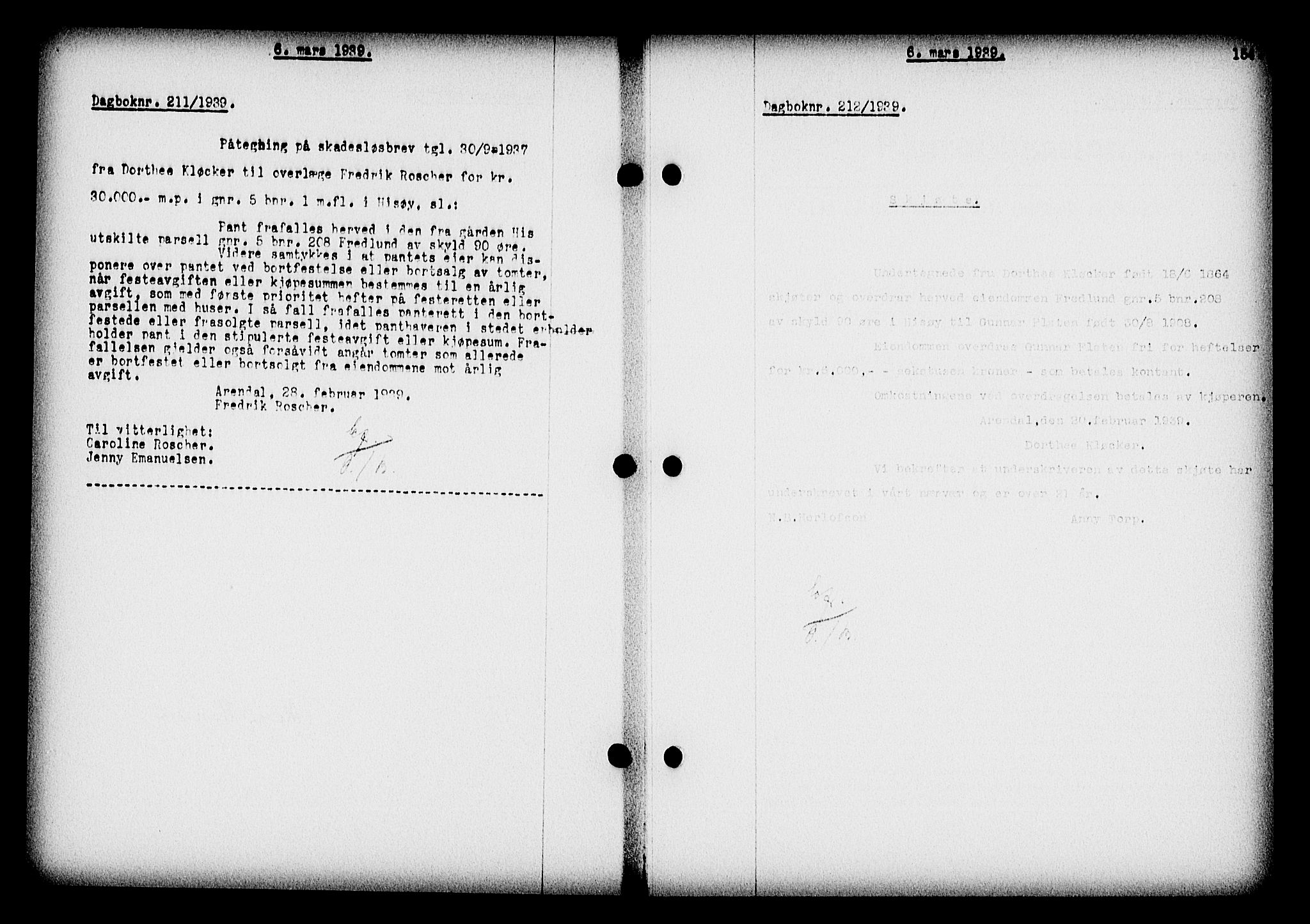 Nedenes sorenskriveri, SAK/1221-0006/G/Gb/Gba/L0046: Mortgage book no. 42, 1938-1939, Diary no: : 212/1939