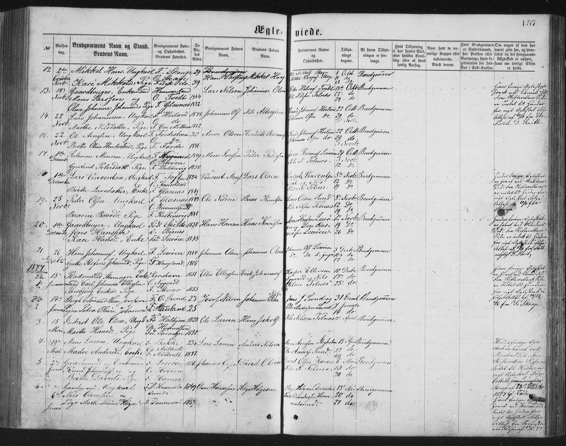 Sund sokneprestembete, AV/SAB-A-99930: Parish register (copy) no. B 2, 1874-1881, p. 157