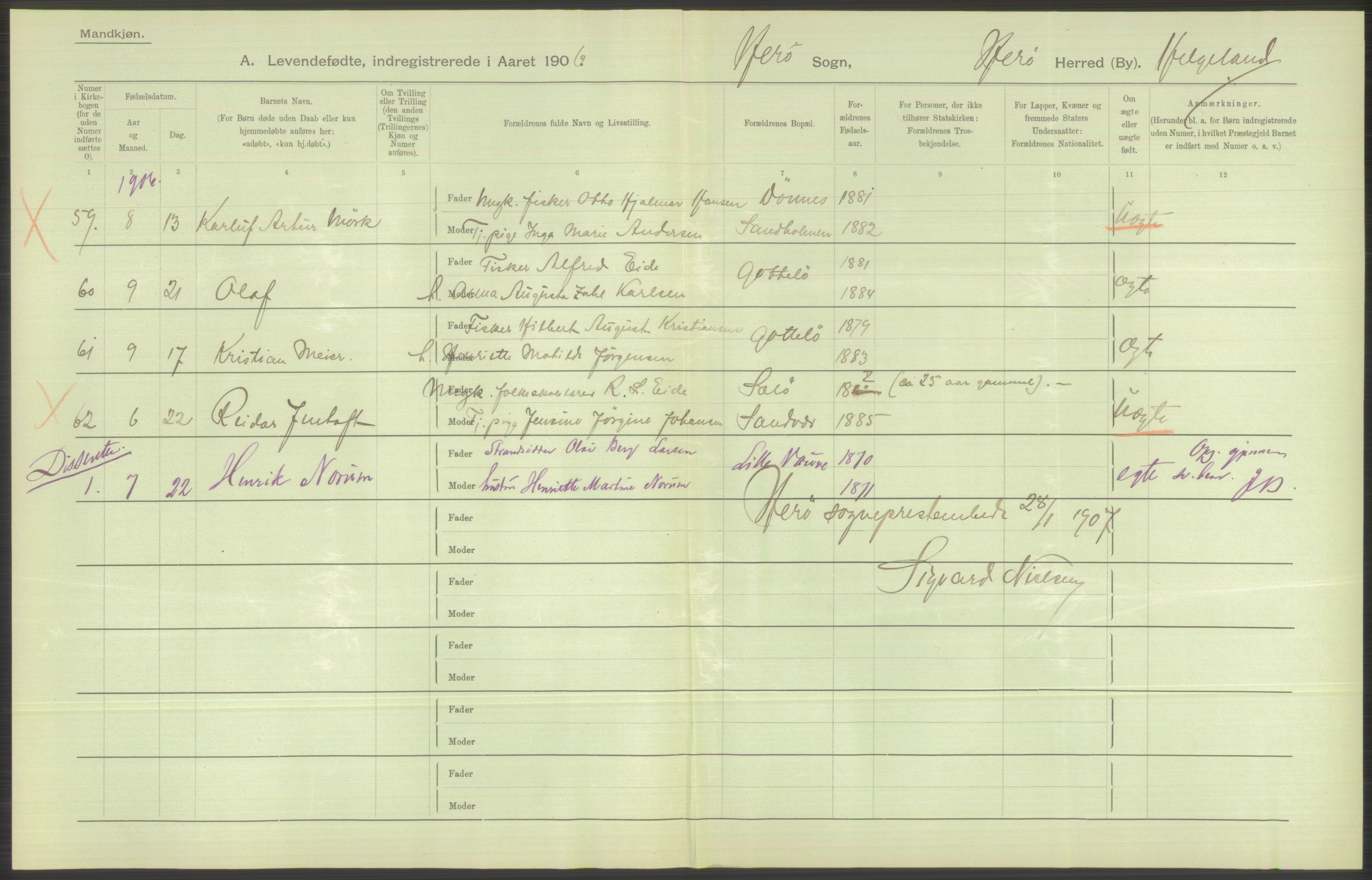 Statistisk sentralbyrå, Sosiodemografiske emner, Befolkning, AV/RA-S-2228/D/Df/Dfa/Dfad/L0043: Nordlands amt: Levendefødte menn og kvinner. Bygder., 1906, p. 92