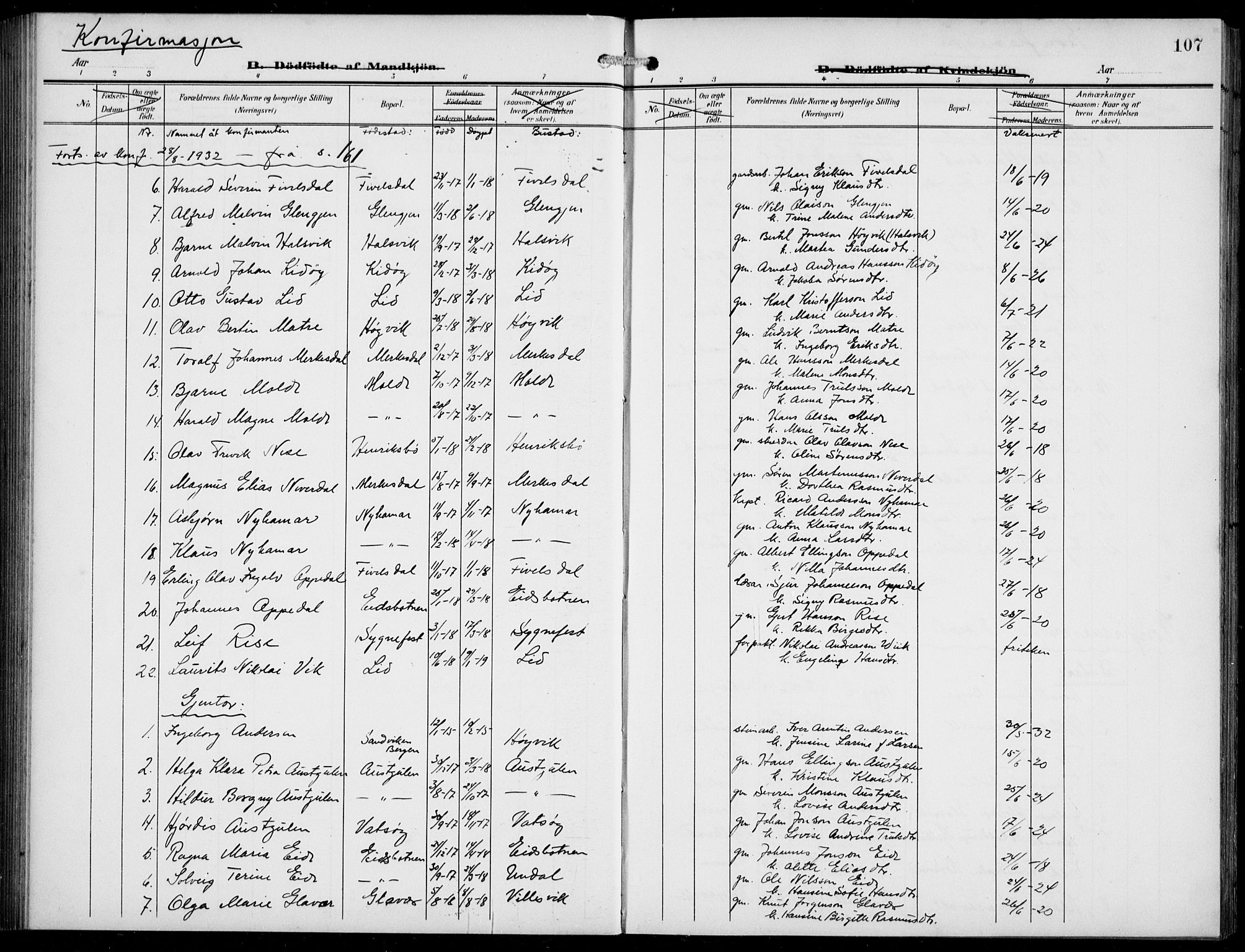 Gulen sokneprestembete, AV/SAB-A-80201/H/Hab/Habb/L0004: Parish register (copy) no. B 4, 1908-1936, p. 107