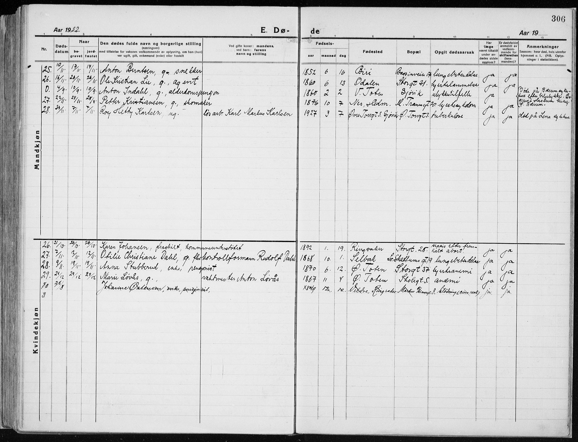 Vardal prestekontor, SAH/PREST-100/H/Ha/Haa/L0015: Parish register (official) no. 15, 1923-1937, p. 306