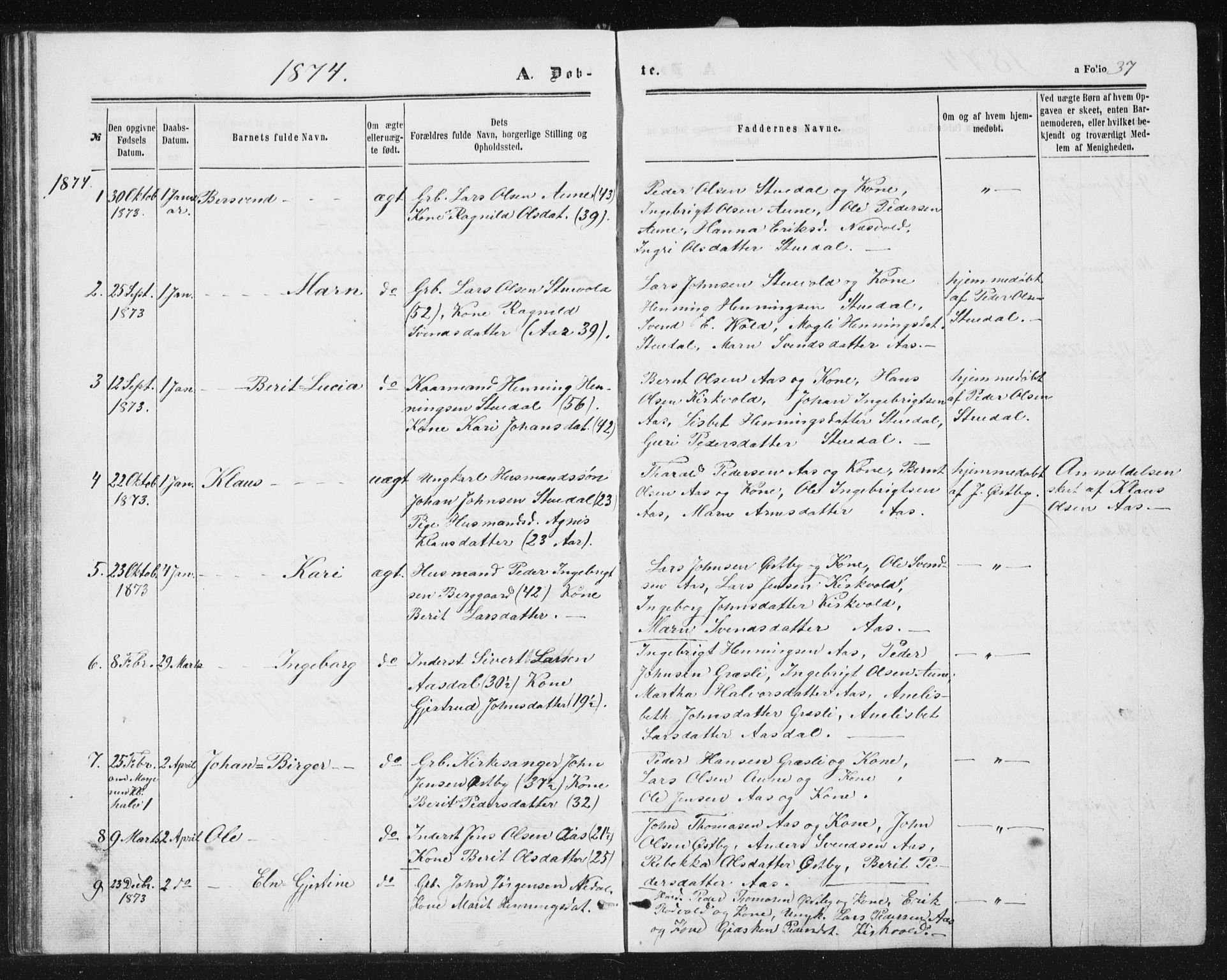 Ministerialprotokoller, klokkerbøker og fødselsregistre - Sør-Trøndelag, SAT/A-1456/698/L1166: Parish register (copy) no. 698C03, 1861-1887, p. 37