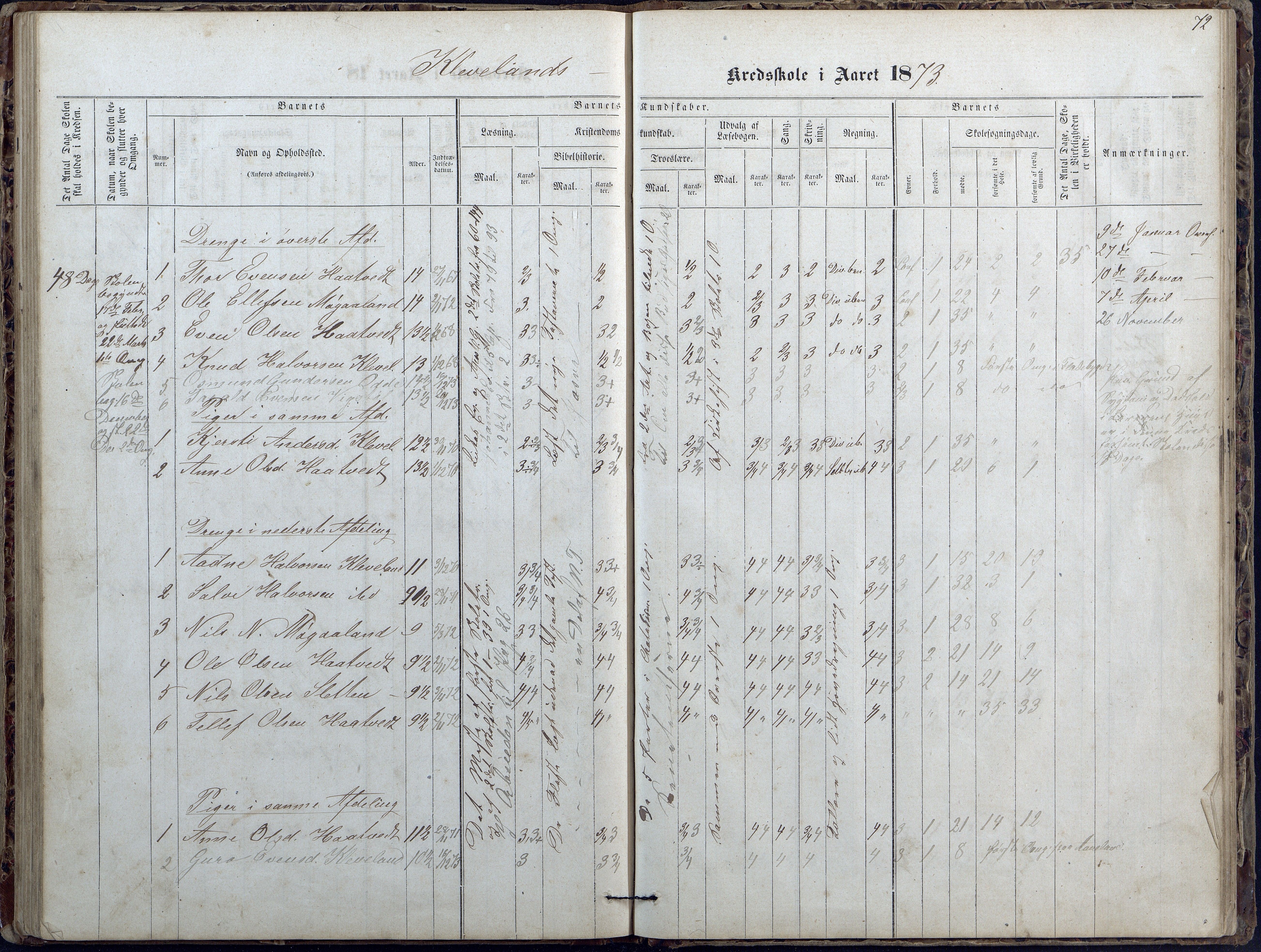 Evje kommune, Ånesland/Omland/Kleveland skolekrets, AAKS/KA0937-550f/F2/L0002: Protokoll for faste skoler i Aaneland, Kleveland og Omland kreds, 1863-1888, p. 72