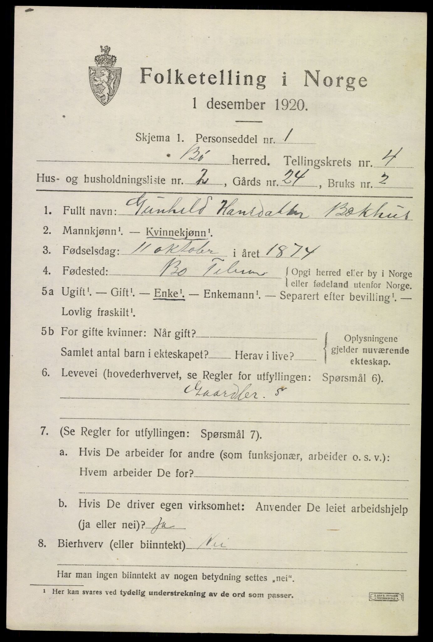 SAKO, 1920 census for Bø (Telemark), 1920, p. 3206