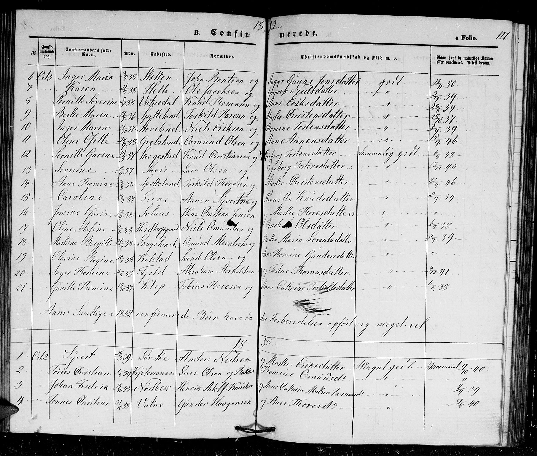 Holum sokneprestkontor, SAK/1111-0022/F/Fb/Fba/L0003: Parish register (copy) no. B 3, 1850-1866, p. 127