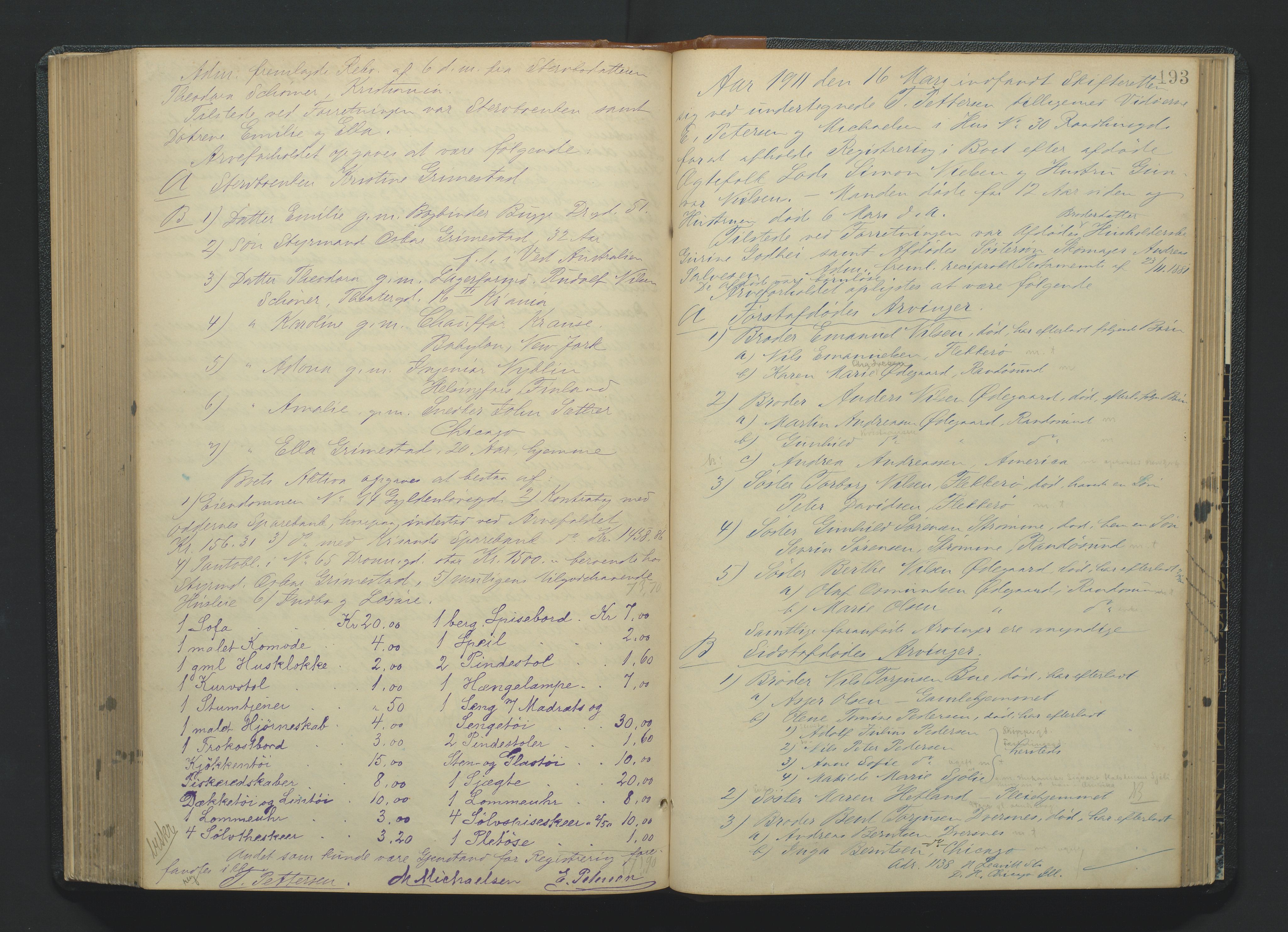 Kristiansand byrett, AV/SAK-1223-0001/H/Hc/L0035: Skifteregistreringsprotokoll nr. 7, med register, 1903-1914, p. 193