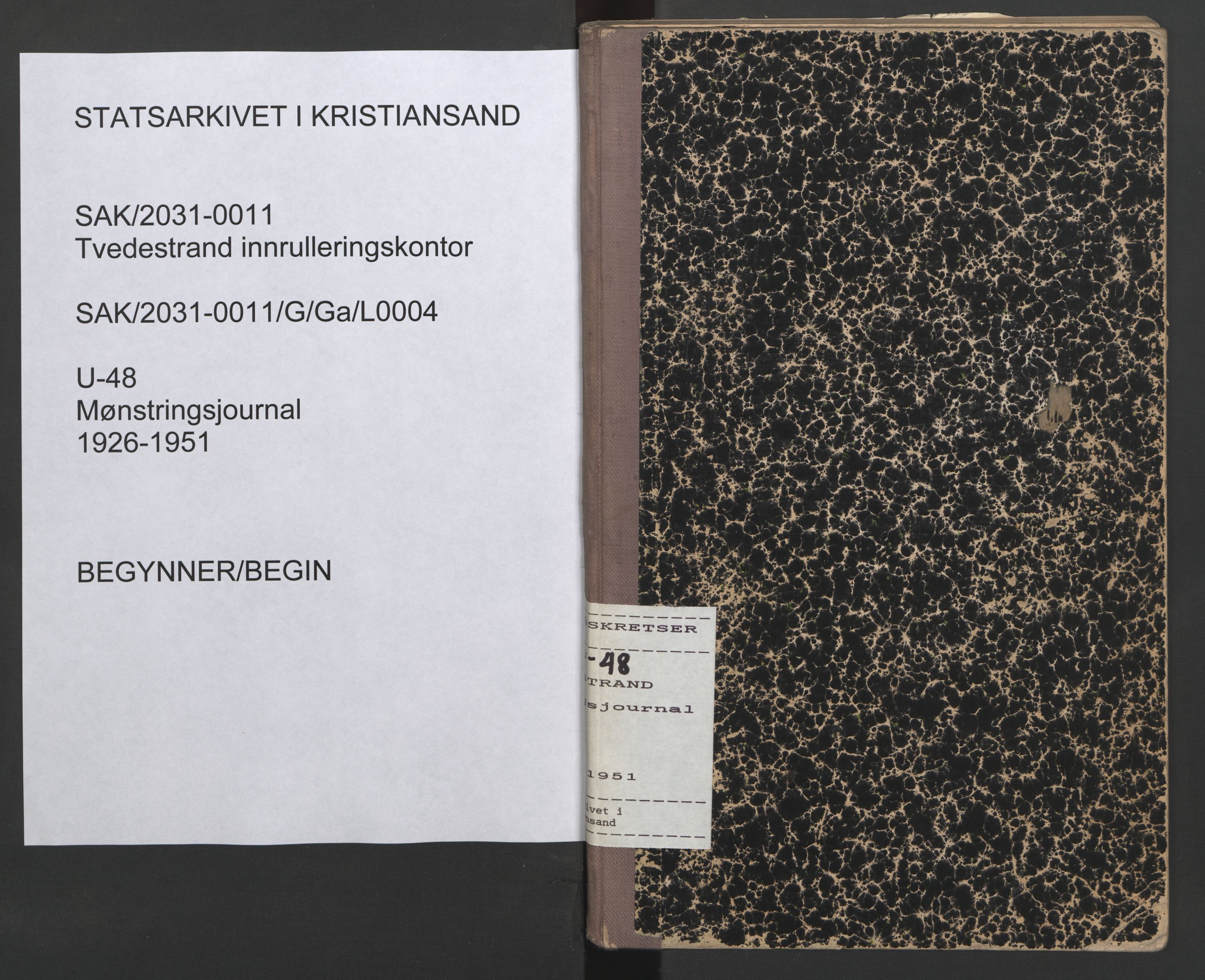 Tvedestrand mønstringskrets, AV/SAK-2031-0011/G/Ga/L0004: Mønstringsjournal, U-48, 1926-1951, p. 1