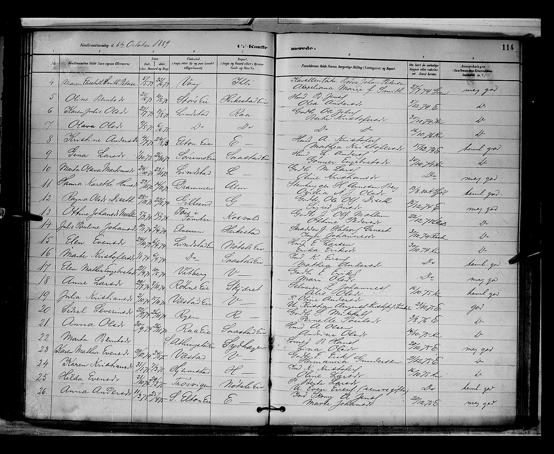 Stange prestekontor, AV/SAH-PREST-002/L/L0009: Parish register (copy) no. 9, 1883-1899, p. 114