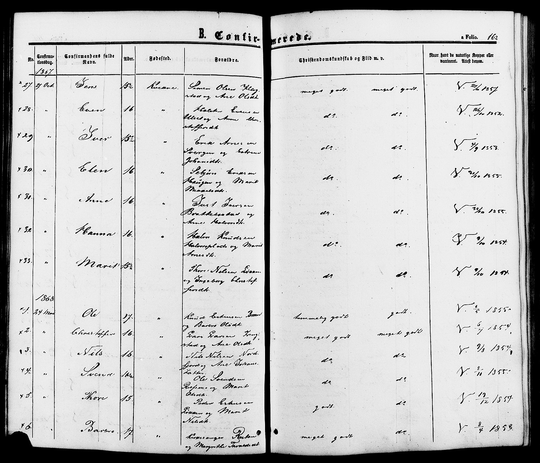 Kvikne prestekontor, AV/SAH-PREST-064/H/Ha/Haa/L0006: Parish register (official) no. 6, 1863-1886, p. 162