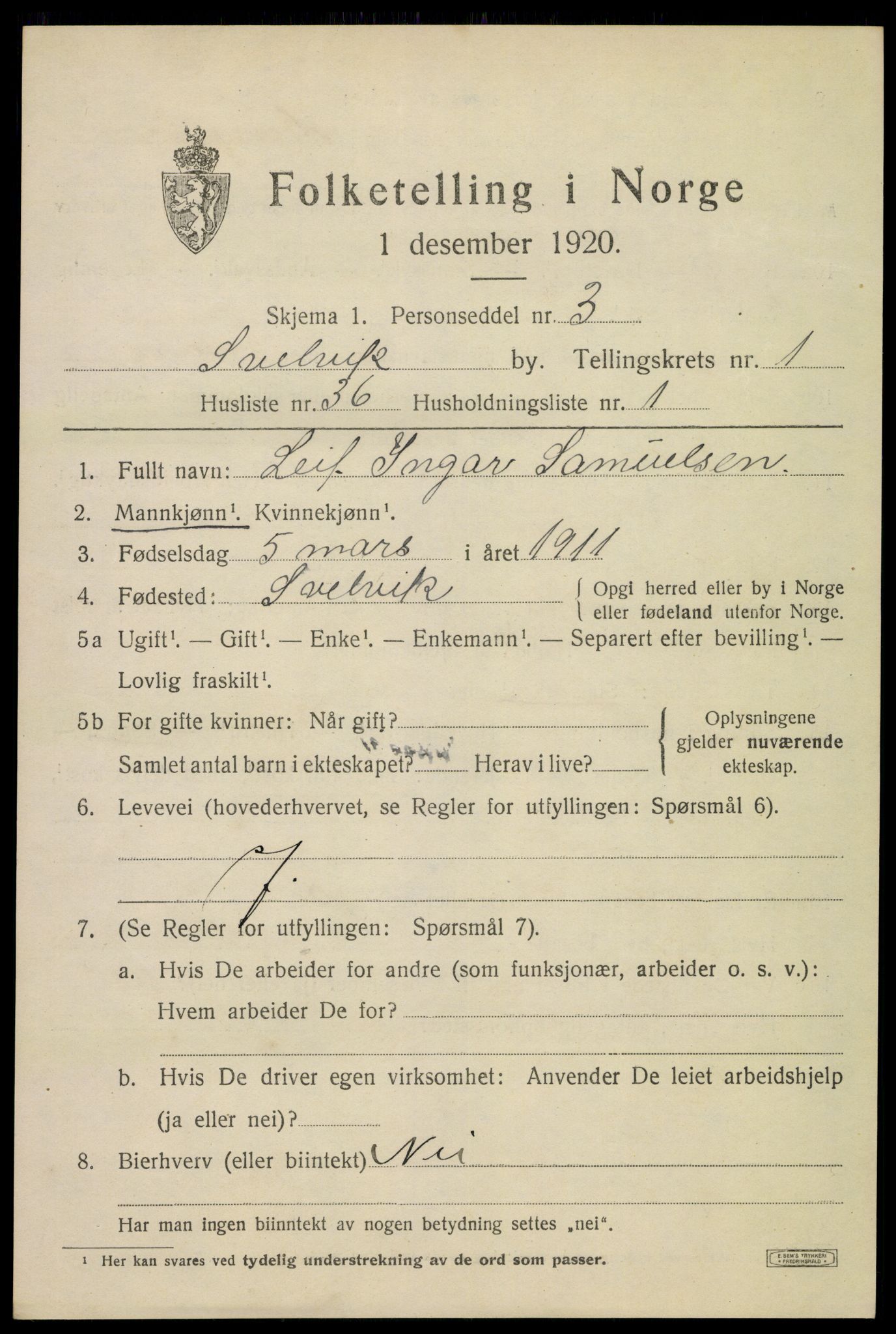 SAKO, 1920 census for Svelvik, 1920, p. 1697