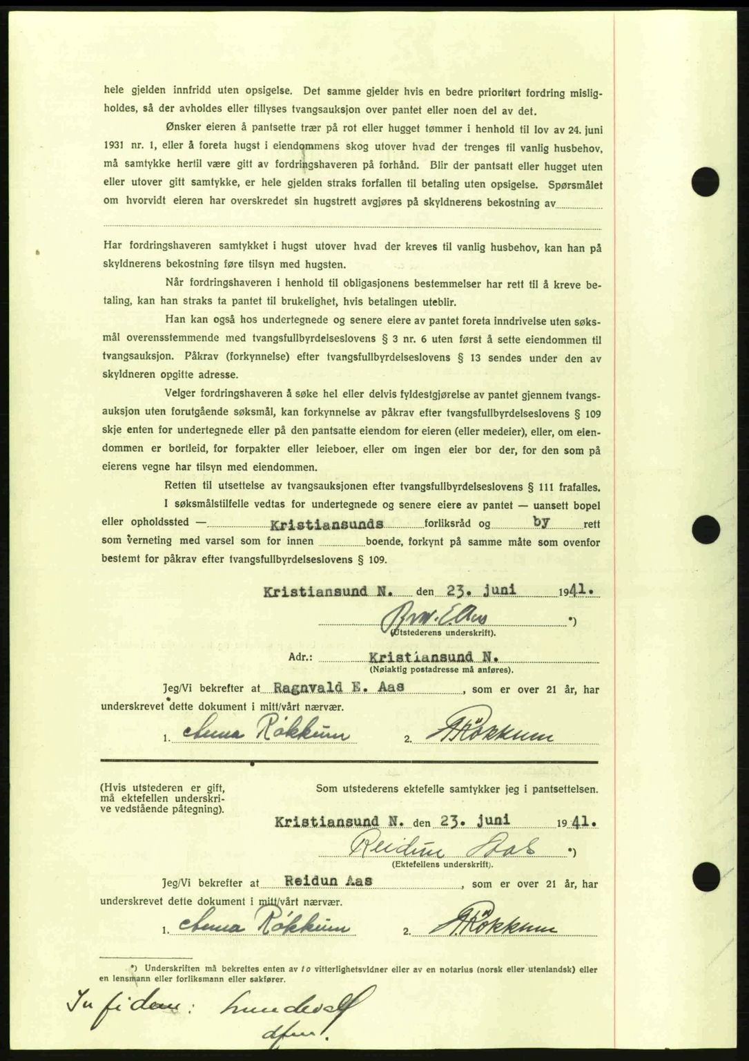 Kristiansund byfogd, AV/SAT-A-4587/A/27: Mortgage book no. 35, 1941-1942, Diary no: : 485/1941