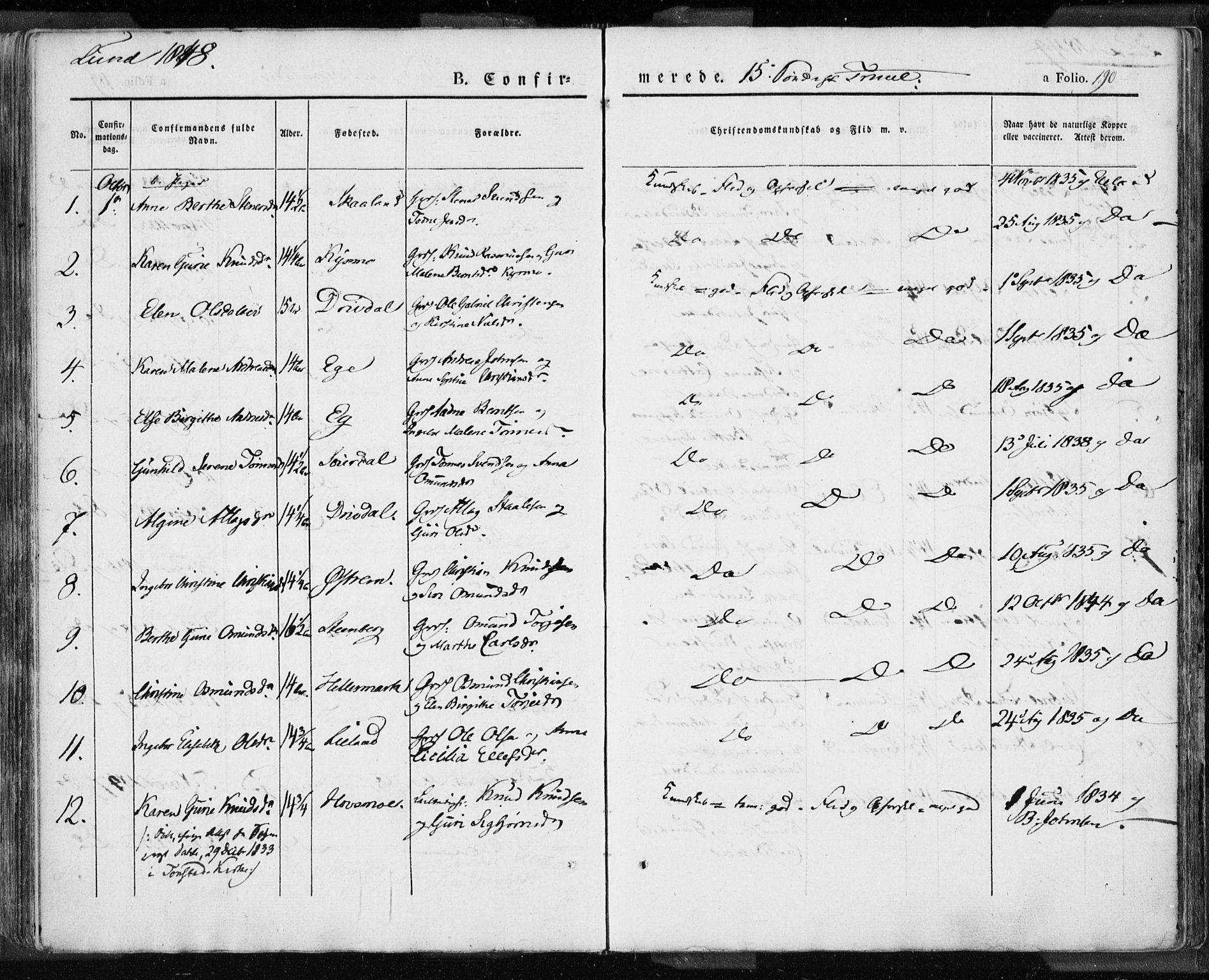 Lund sokneprestkontor, SAST/A-101809/S06/L0007: Parish register (official) no. A 7.1, 1833-1854, p. 190